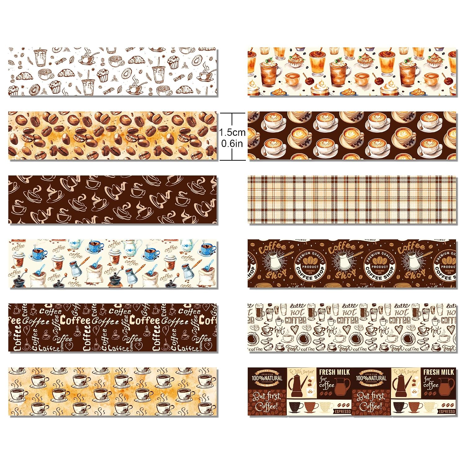 12 Pcs Coffee Washi Tape Coffee Masking Tape Decorations Vintage Watercolor Brown Cafe Decorative Paper Sticker for Vintage Journals, Planners, DIY Craft Gift Wrapping Handbook Stickers