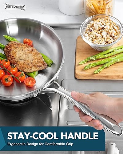 Miniatura 6 de MICHELANGELO Juego de sartenes de acero inoxidable 1810, sartenes de cocina de 8, 9.5 y 11 pulgadas, juego de sartenes de acero inoxidable con base