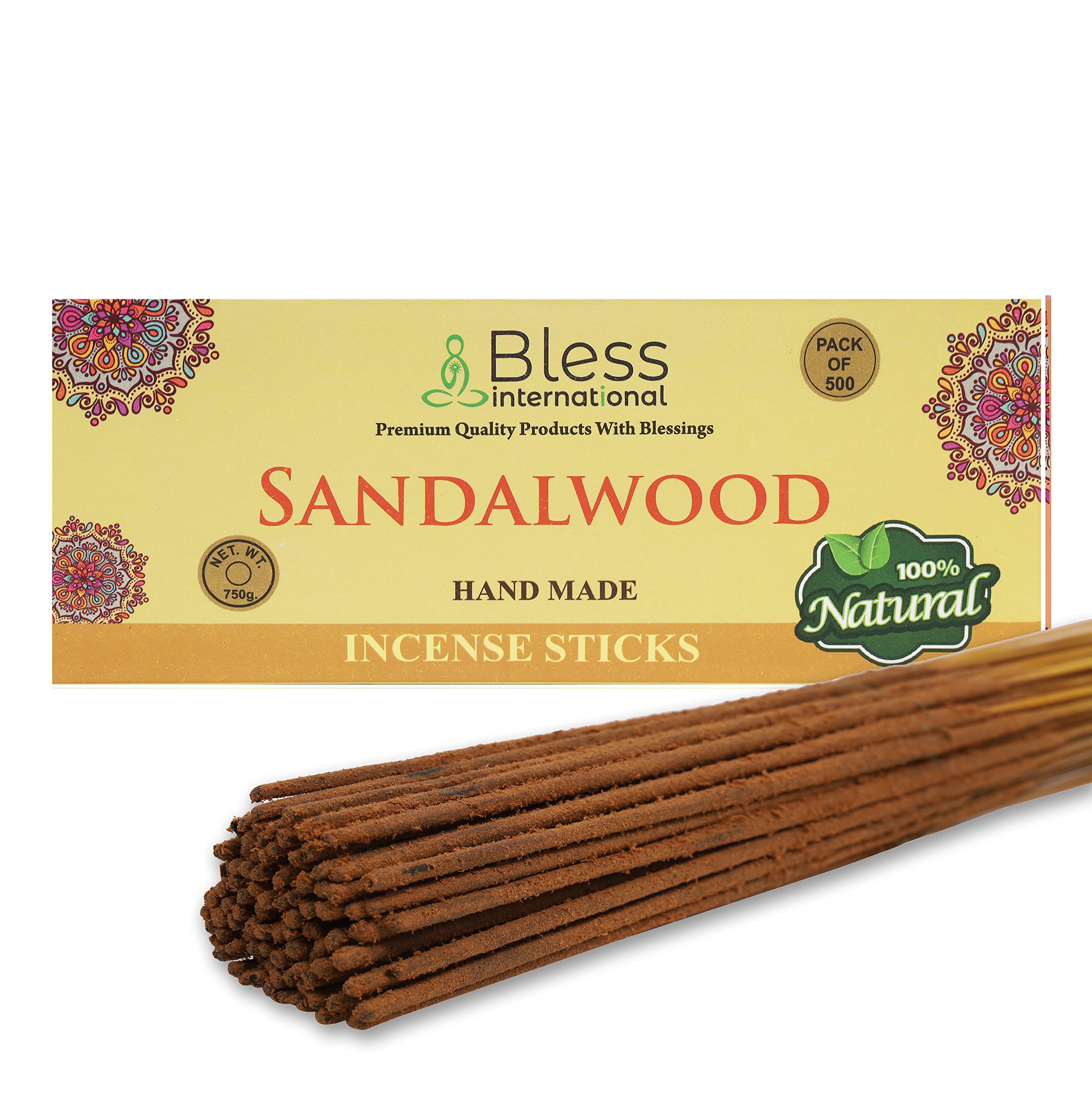 Bless-Sandalwood 100%-Natural-Handmade-Hand-Dipped-Incense-Sticks Organic-Chemicals-Charcoal-Free Purification-Relaxation-Positivity-Yoga-Meditation Best-Woods-Scent (500 Sticks (26 OZ))