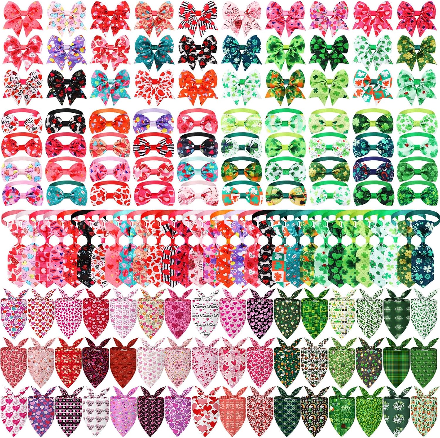 Reginary 200 Pcs Valentine's Day Dog Bandanas Bulk Dog Bows Ties St. Patrick's Day Pet Collars Set Clover Lucky Pattern Grooming Bowties and Neckties Collar for Small Middle Pets Puppies