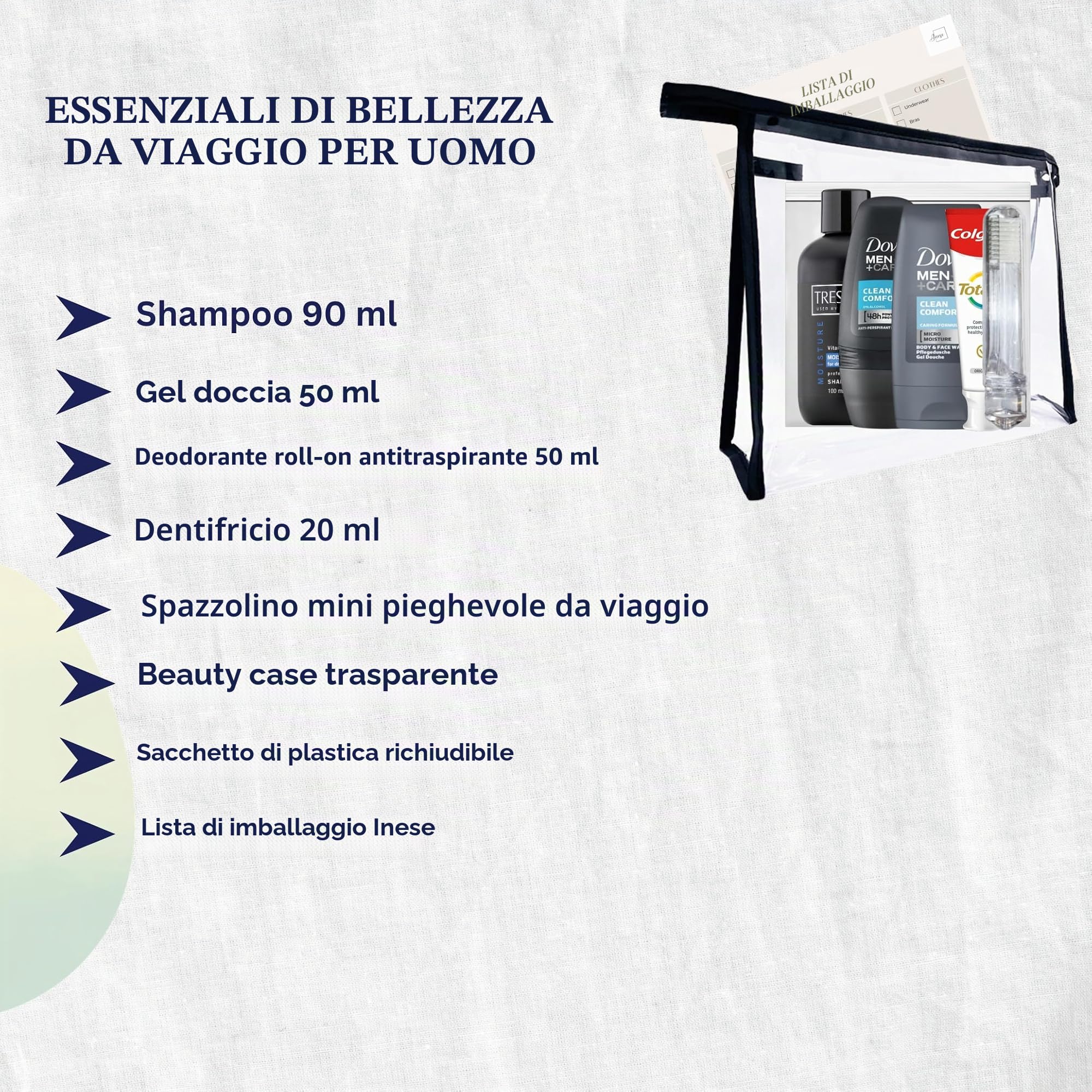 Mini set da toeletta da viaggio per uomo,Kit da viaggio essenziale da toilette per viaggi, ospedale, soggiorno notturno, Trasparente, Borsa da toilette da viaggio