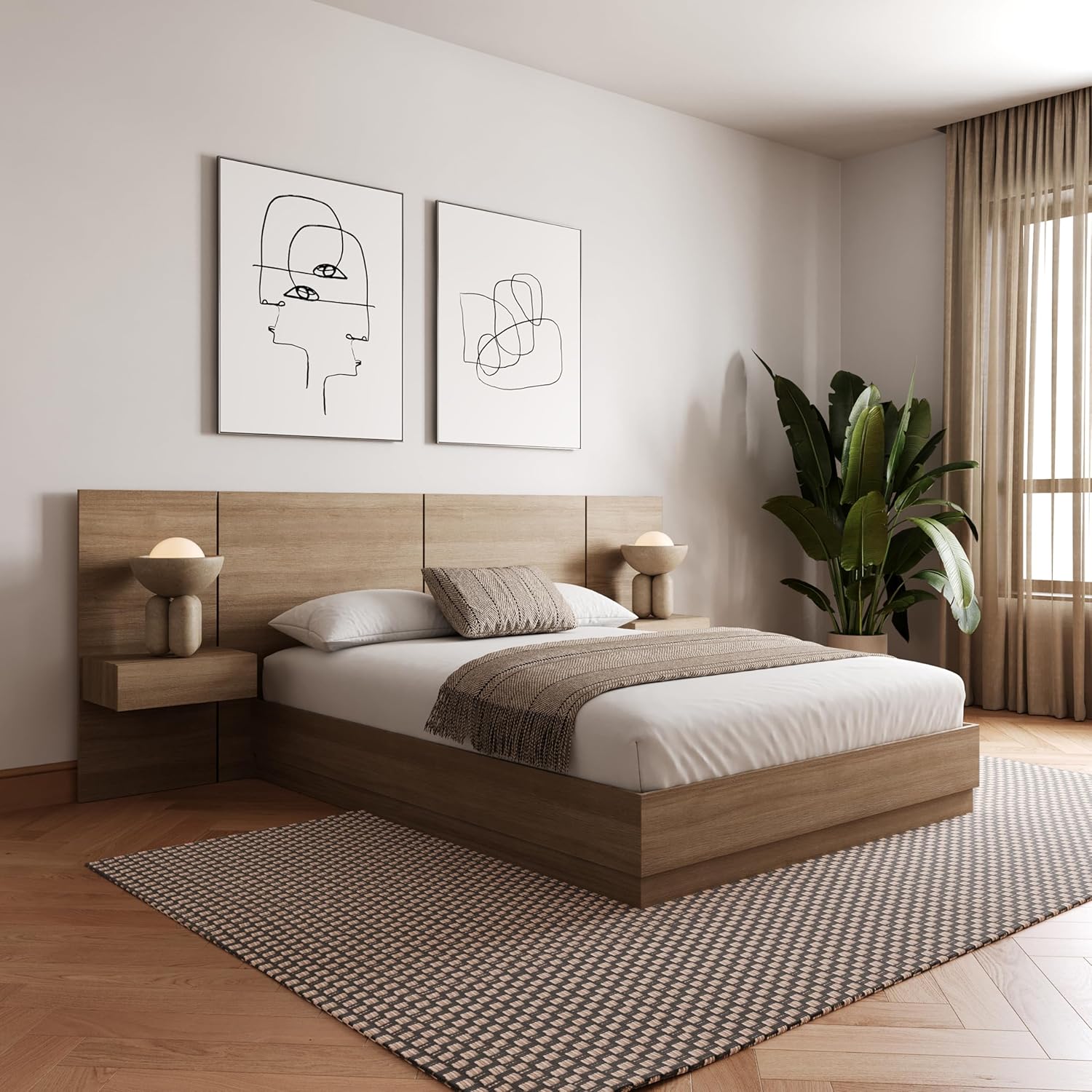 Front view of Nexera Milano bed frame and headboard with floating nightstands, without mattress