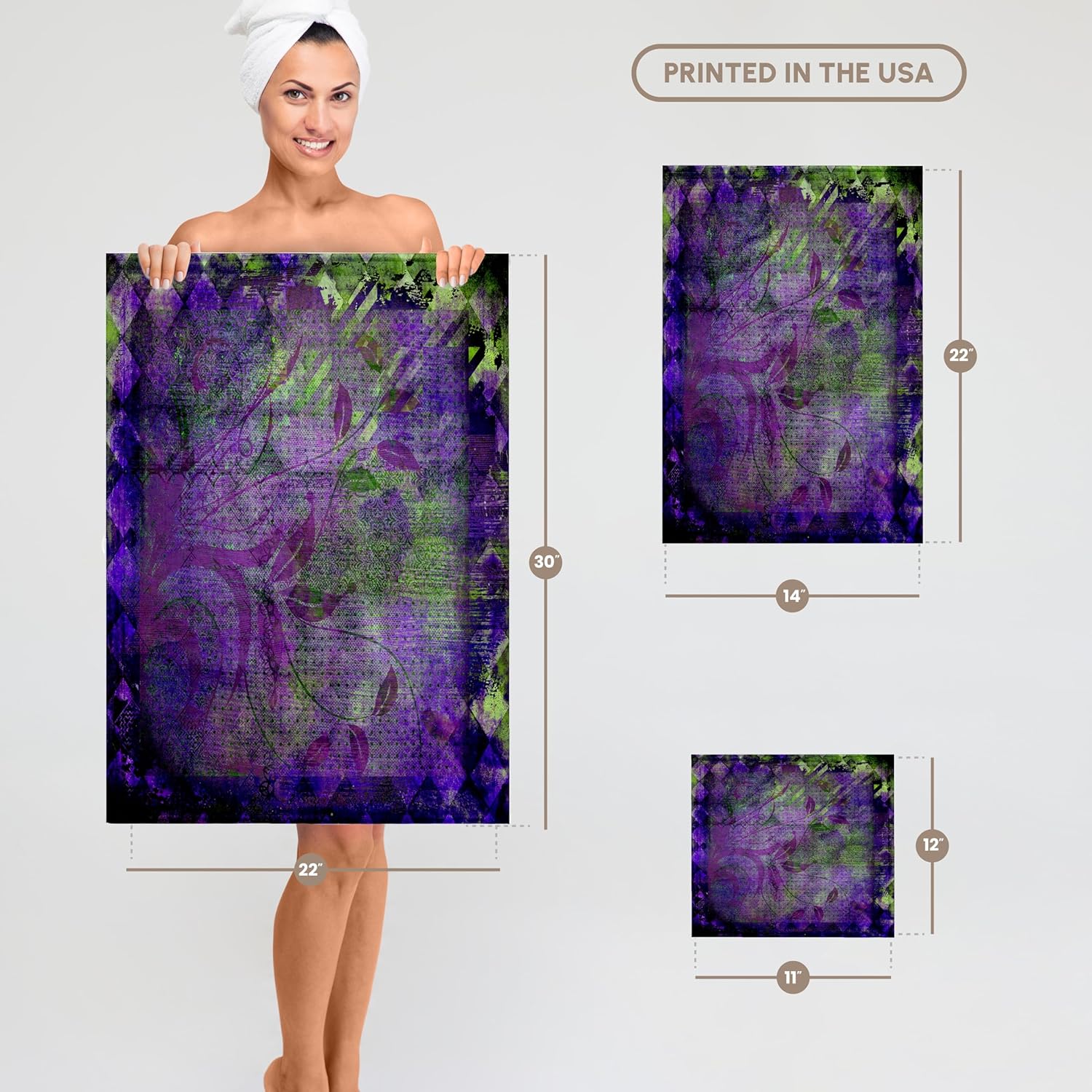 3dRose Plum Purple and Lime Green Diamond Abstract Design with Leaves 22x30 Bath Hand Pool Towel