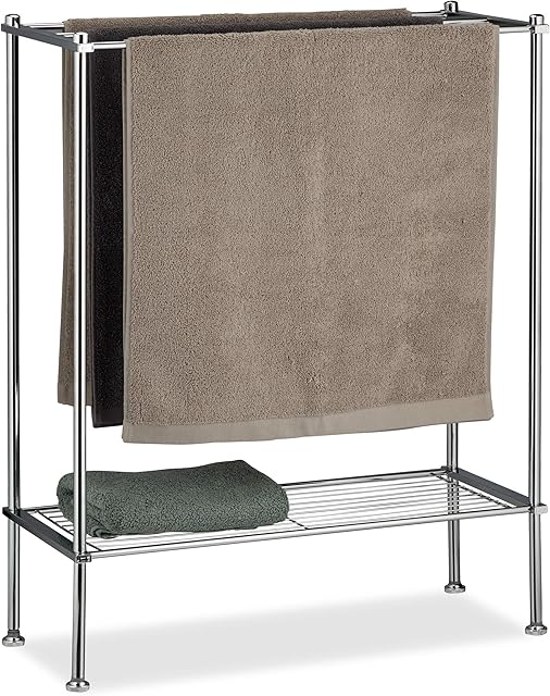 Relaxdays Chrome Holder, 3 Rails, with Shelf, Towel Rack, Sturdy & Stainless, Silver, HWD: 79x64x26 cm