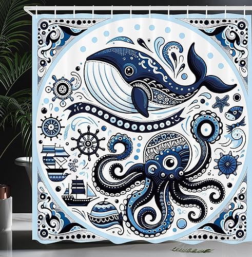 Miniatura 7 de Ambesonne - Cortina de ducha hippie, flores de aspecto de margaritas en ondas groovies abstractas estilo retro de los años 60 y 70, juego de Azul