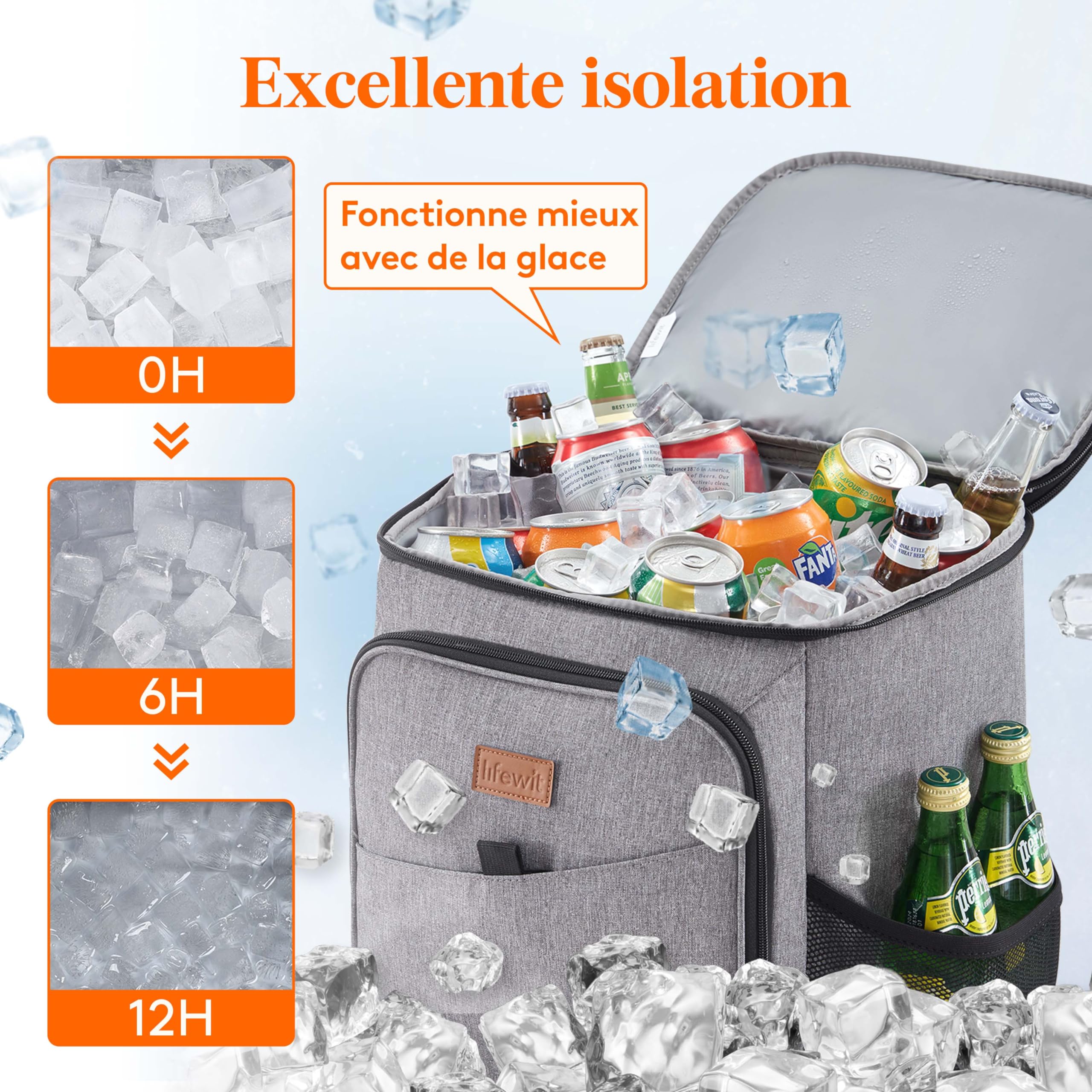 Lifewit Sac a Dos Isotherme, Grand Glaciere Souple Isotherme Adulte, Portable Sac à Dos Isotherme Plage, Pique Nique, Randonnee, Camping, 26L(34 Cannettes), Gris
