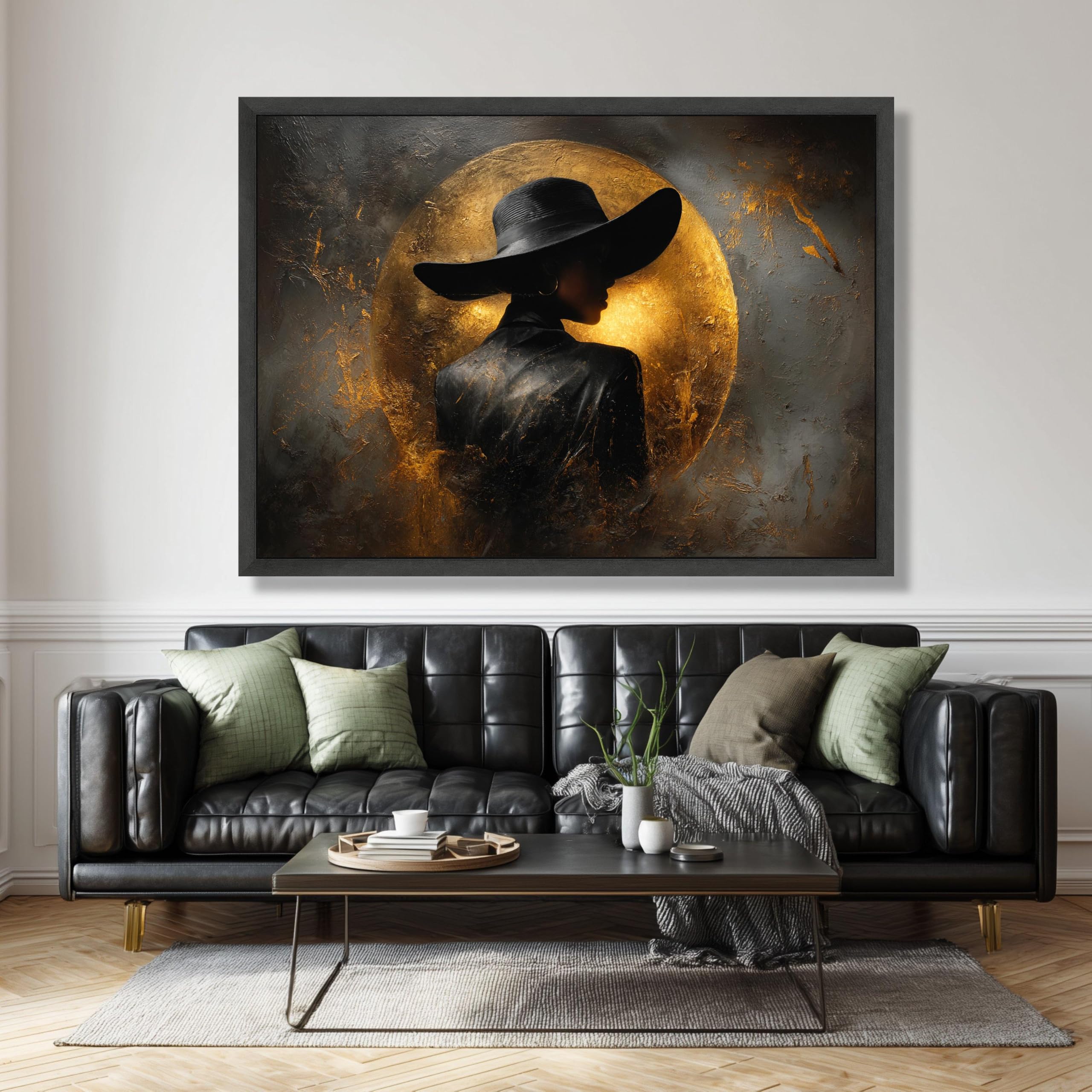 LMYCHENG Woman Silhouette Canvas Print, Black Hat Portrait Wall Art, Gold Background, Abstract Canvas Painting(70x110cm/Internal Frame)
