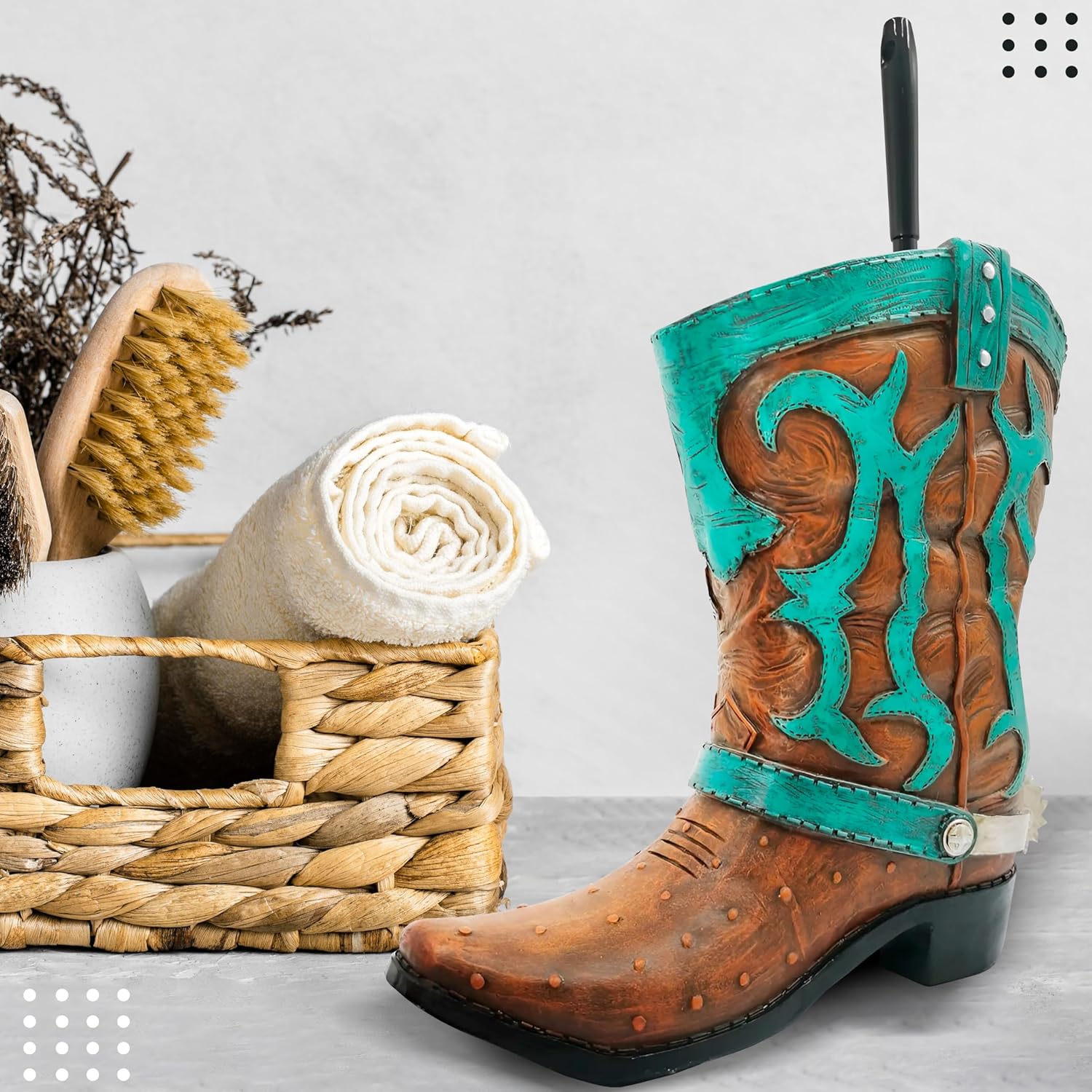Cowboy Boot Toilet Brush Holder, Vintage Turquoise Bathroom Accessories, Rustic Bathroom Decor