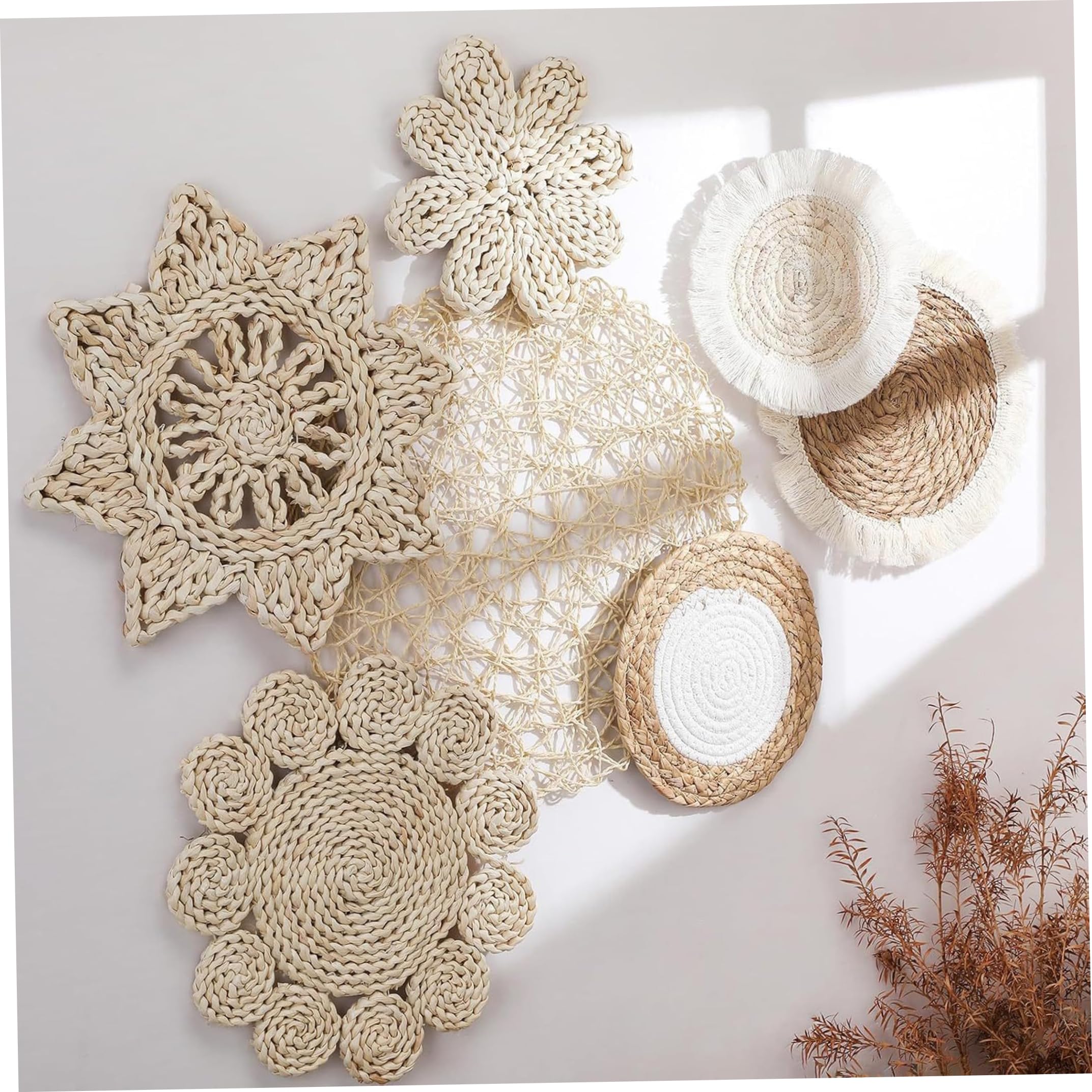 Wedhapy 7 unids/set decoración de pared de mimbre, arte de pared tejido a mano, Beige