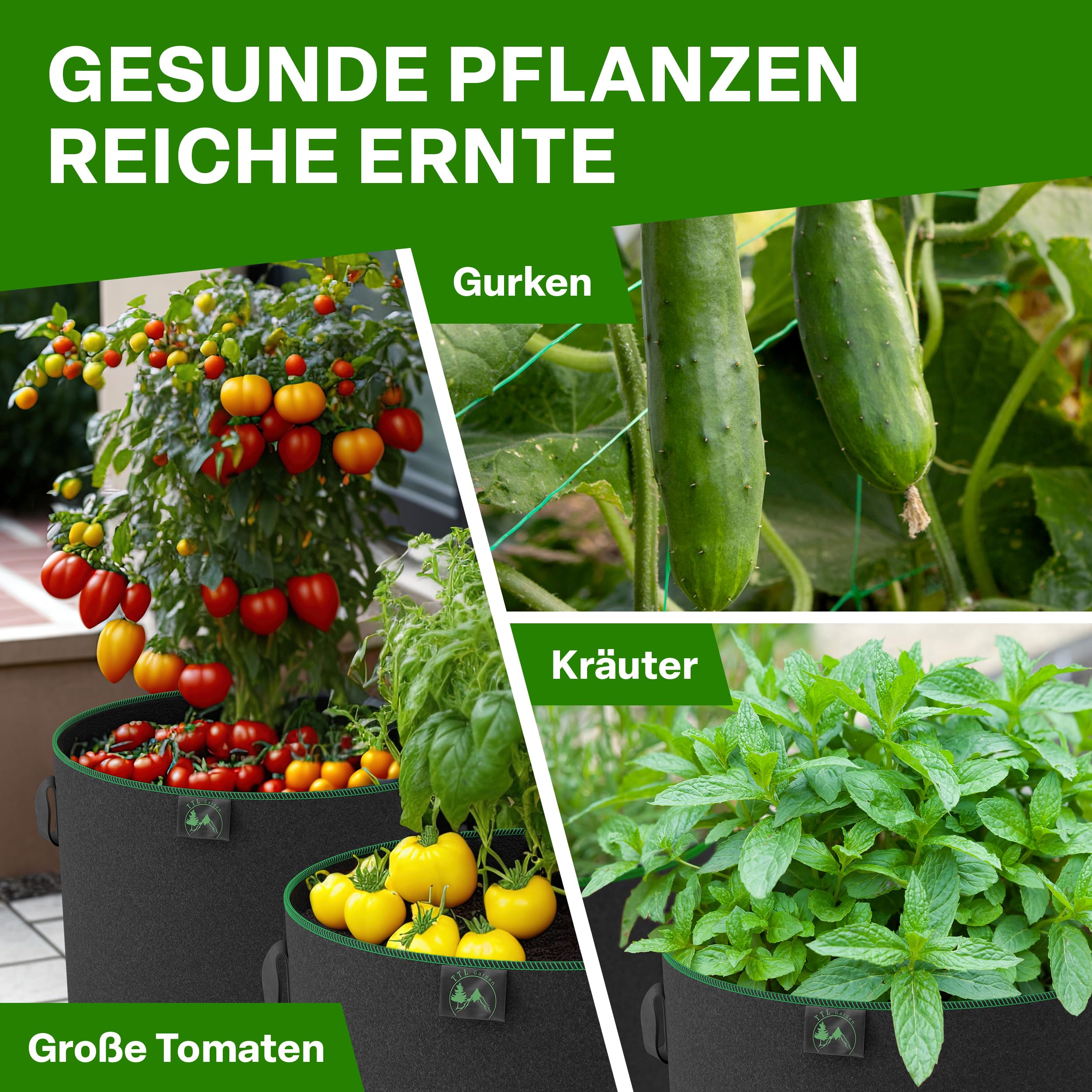TTL GARDEN 10x 40L Bolsa para Plantas de Tela no Tejida - Juego de 10 Bolsas de 40 litros de 300 g/m² de Fieltro y Tela no Tejida - Maceta para Plantas, Bolsa de Cultivo para balcón, terraza