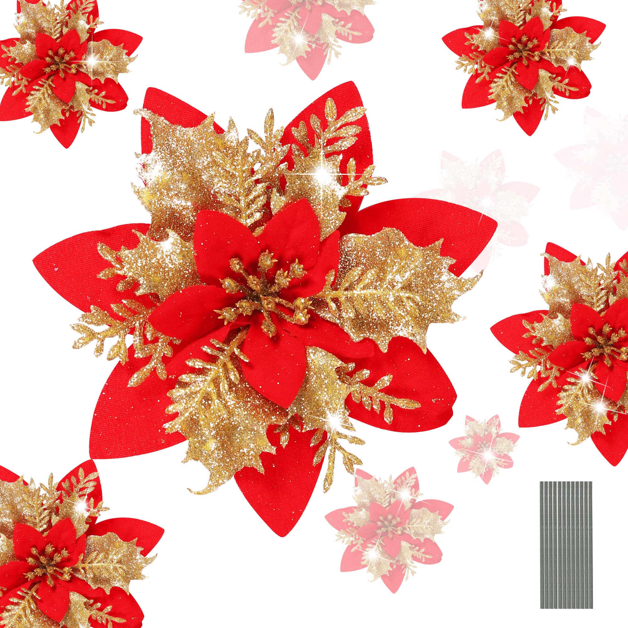 Hcssz Red Gold 12Pcs Christmas Glitter Artificial Poinsettia Flowers With 12Pcs Stems For Wedding Christmas Tree Faux Flowers New Year Ornaments Xmas Garland Wreath Decorations(Red, Gold)