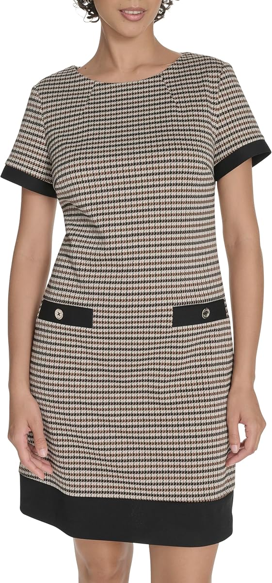 Mini vestido recto de manga corta con cuello joya y botones para mujer