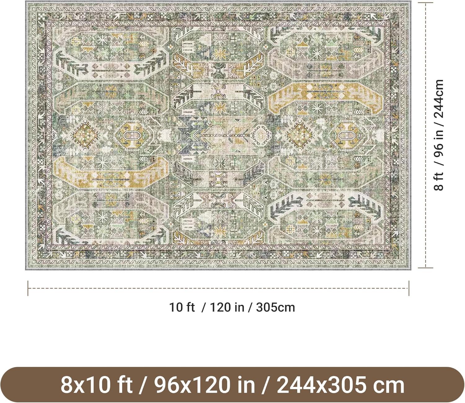 befbee washable rug 8x10 area rugs for living room - stain resistant non-slip backing rugs for bedroom - vintage large area rug (green/gold, 8'x10') 8' x 10' (rectangular) green/gold