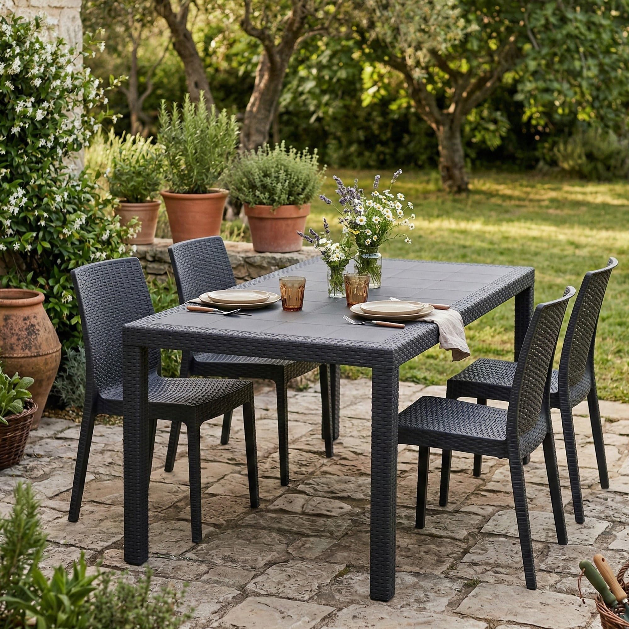 Dmora - Tavolo da esterno Portici, Ripiano rettangolare da pranzo, Tavolo da giardino multiuso effetto rattan, 100% Made in Italy, 150x90h72 cm, Antracite