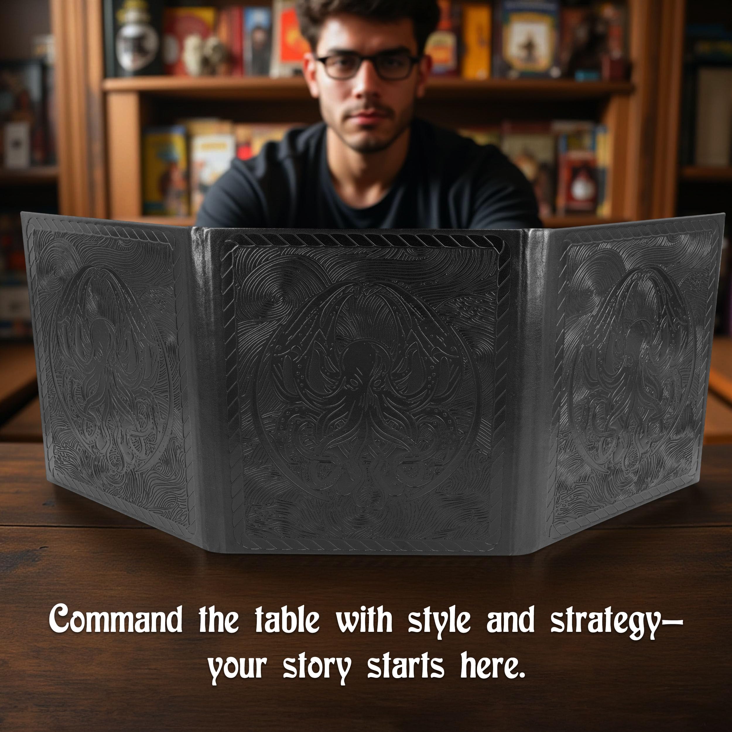 CASEMATIX Écran DM compact – Écran Dungeon Master à 3 panneaux avec poches transparentes, écran GM en cuir PU, compatible avec effacement humide, format de voyage pour campagnes RPG portables