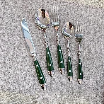 Green Silverware Set 20 Piece Flatware Cutlery Set Service for 4,18/10 Stainless Steel Forged Faux Wood Rivet Handle Mirror Polished Dishwasher Safe Luxury Unique Utensil Sets for Home Kitchen Party