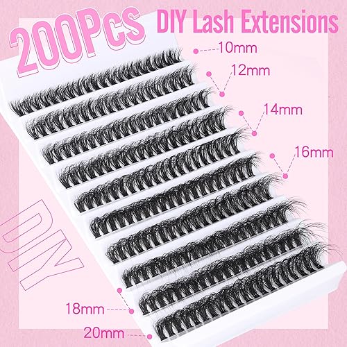 Miniatura 6 de Kit de extensiones de pestañas esponjosas, 200 unidades, de volumen, de 0.39 a 0.78 pulgadas, kit de racimos de pestañas onduladas, kit de pestañas