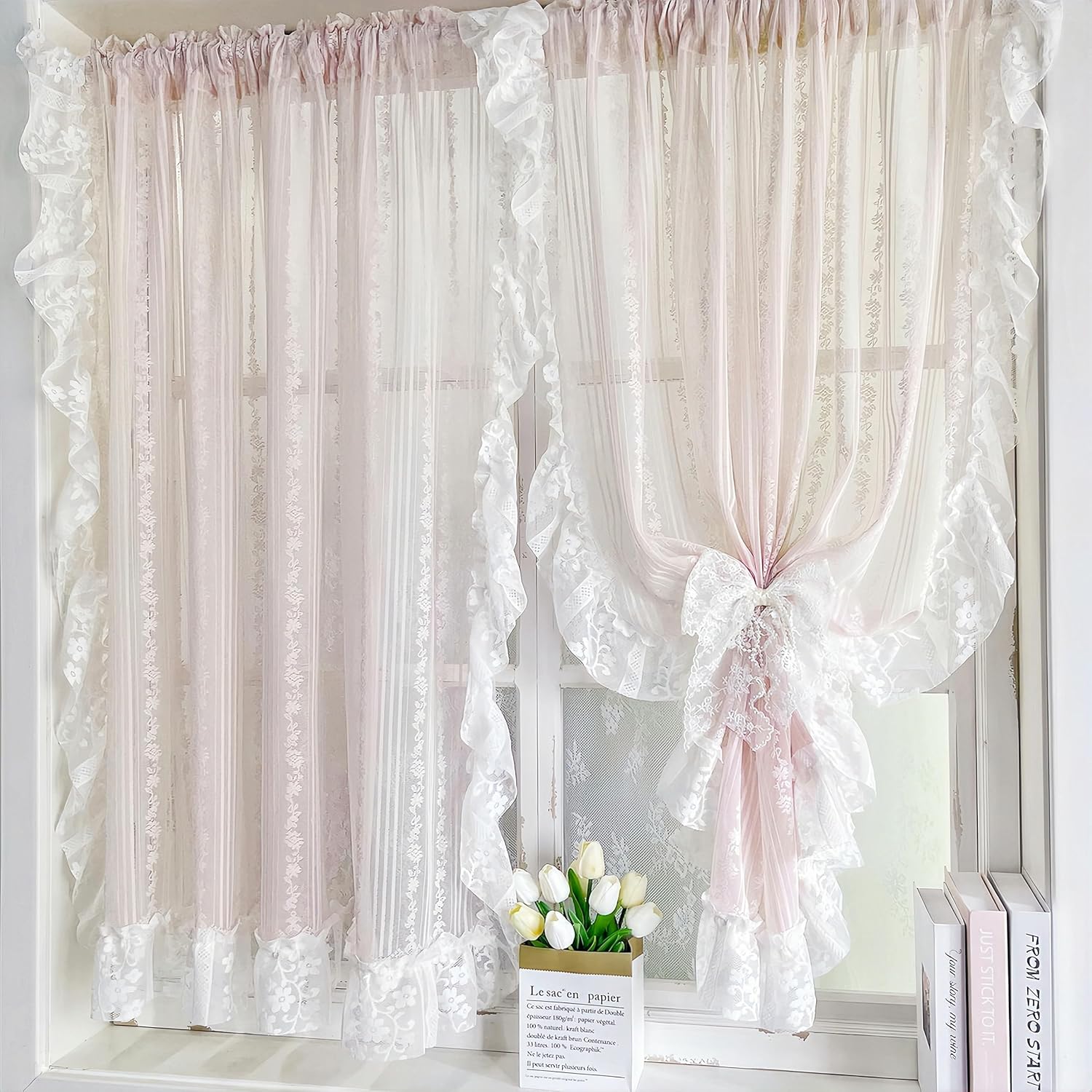 Gxi Pink Lace Sheer Curtain for Living Room Vintage Floral Ruffle Curtain Rod Pocket Voile for Girls Bedroom Light Filtering Tulle Farmhouse Window Drapes for Dining, 2 Panels, Each W39 x L47 inch
