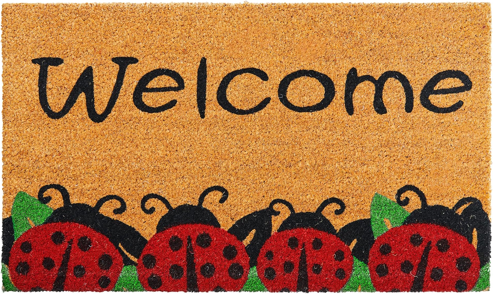 Ladybugs - 17"x29" - Coir Door Mat with Heavy Duty Backing - Welcome Mats for Entryway, Porch - Anti-Slip PVC & Coconut Fiber Surface - Natural Home Accessories, Minimalist Original Design