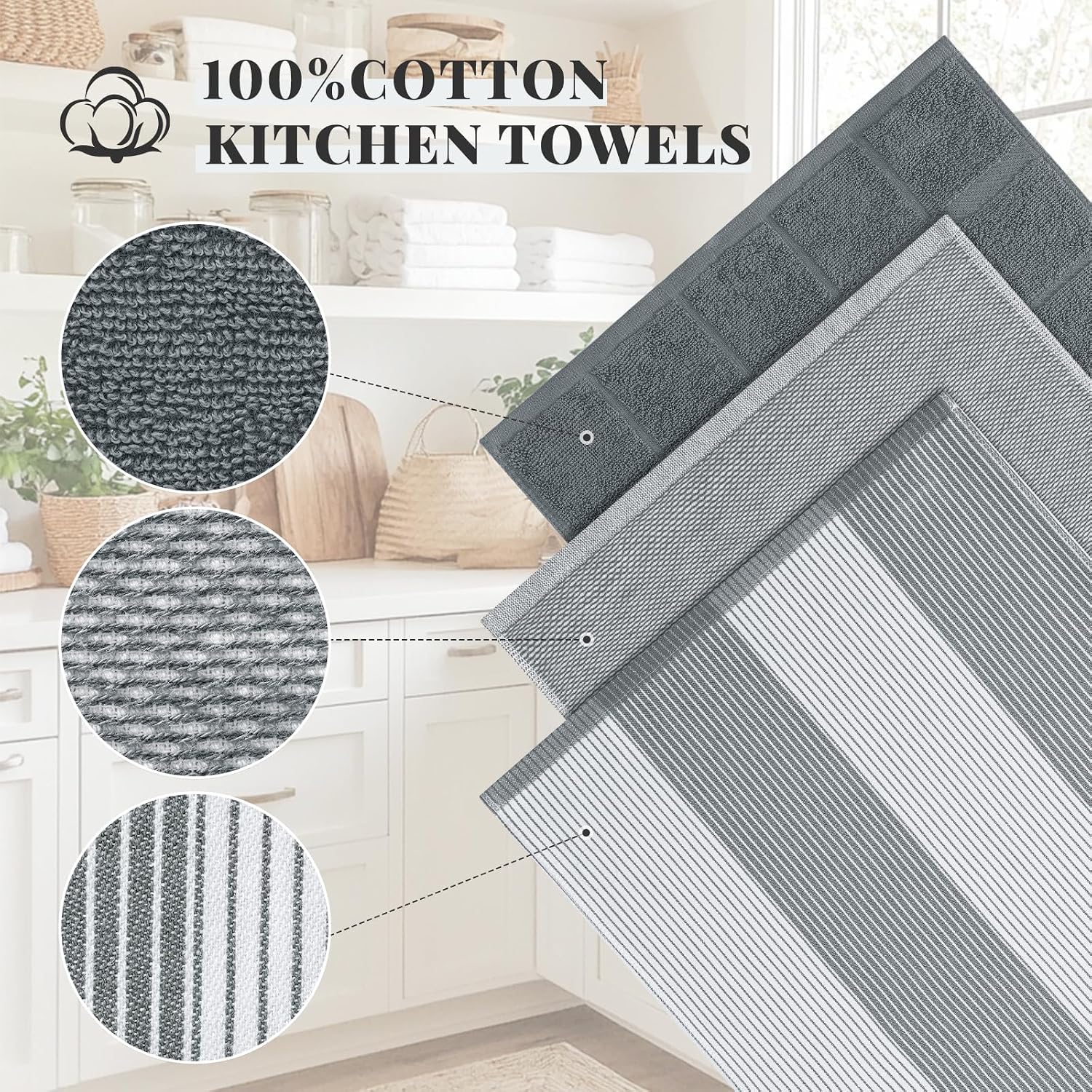 Homaxy Premium Kitchen Towels 18"x28", 6 Pack Large Cotton 380 GSM Dish Towels, Highly Absorben Flat & Terry Kitchen Hand Towels, Soft Utility Tea Towel Set with Hanging Loop, Grey