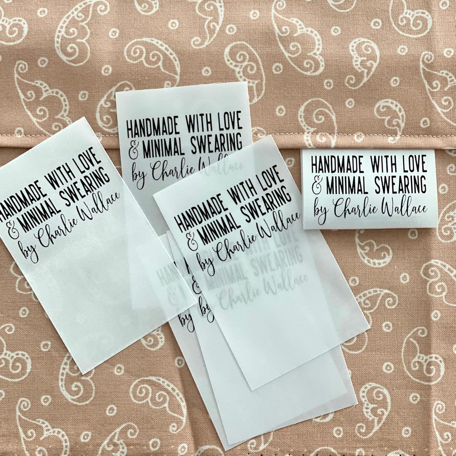 Personalized Satin Quilt Labels – “Made with Love & Minimal Swearing” Funny Sewing Tags – Custom Name Quilt Tag – Fold Over Labels for Handmade Quilts (Set of 25)
