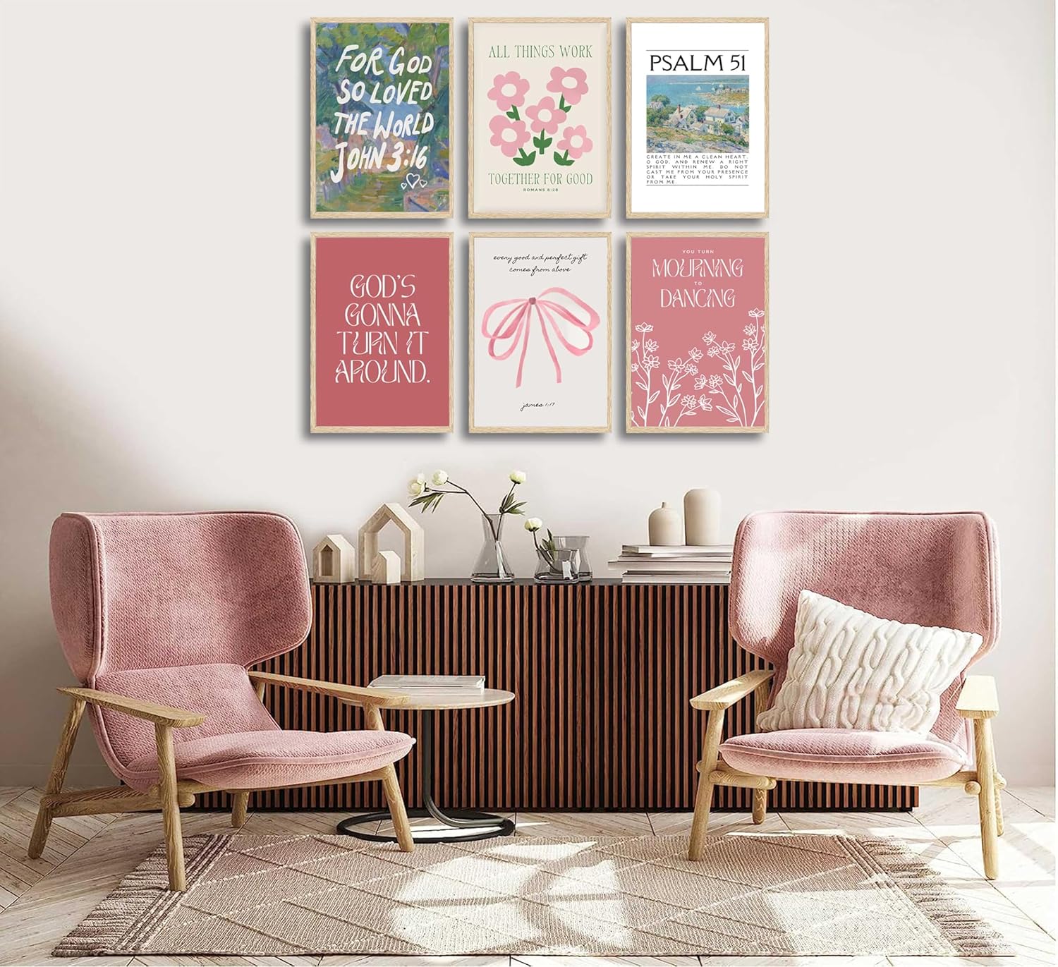 6Pcs Christian Wall Art Pink Bow Verse Canvas Paintings Psalms Scripture Wall Decor Coquette Aesthetic Bible Posters Prints for Bedrooms living Room Gallery Picture Unframed