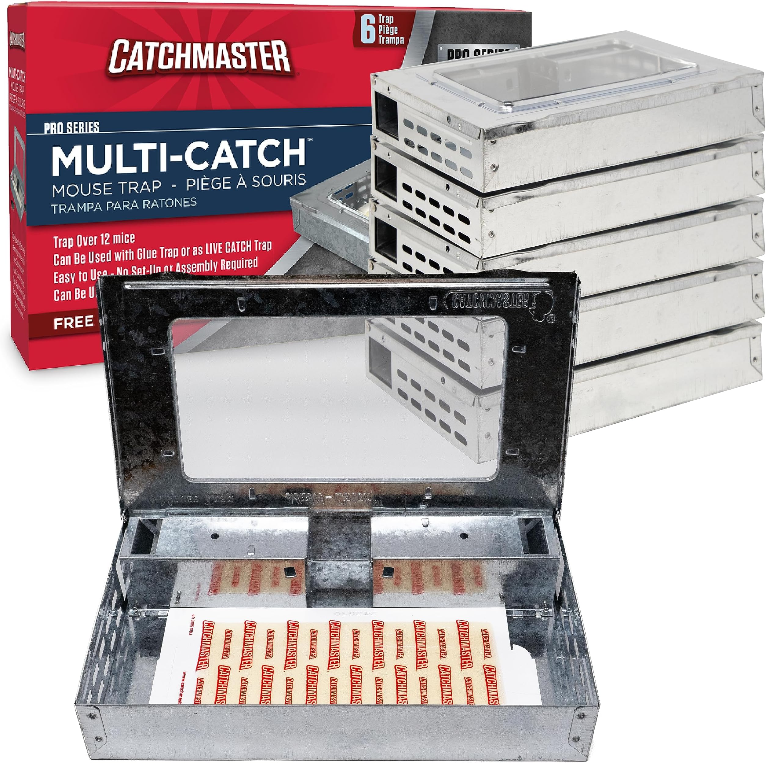 Catchmaster Multi-Catch Mouse Trap 6-Pack, Humane Mouse Traps Indoor for Home, Includes Replaceable Glue Board, Live Catch Pest Control for Garage & Shed