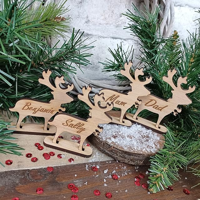 MadeAt94 Reindeer Place Name Wooden Christmas Decoration Personalised with Family Members