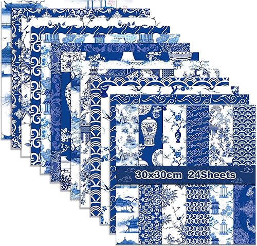 Miniatura 10 de GLKTOPO Papel de álbum de recortes con patrón floral de acuarela azul, 24 hojas de cartulina de doble cara de 12 x 12 pulgadas, papel decorativo