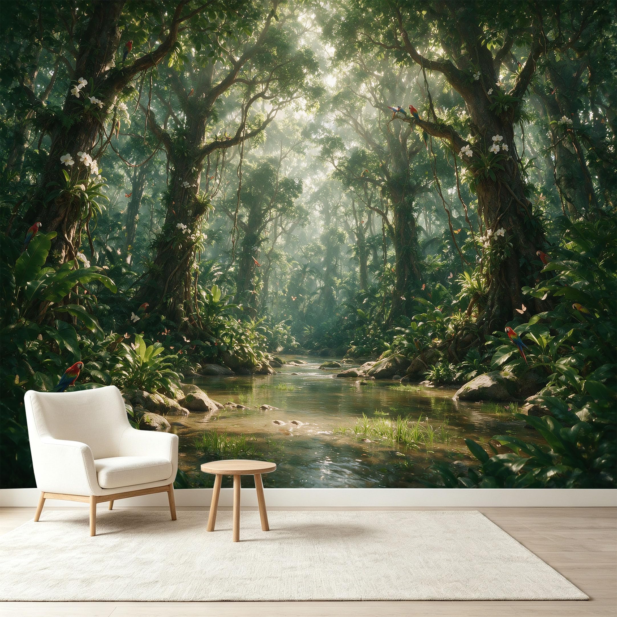 Custom Size Wall Murals Tropical Rainforest Jungle Landscape Exotic Birds Flowers River Sunbeam Self-Adhesive Wall Fabric Removable Wallpaper Wall Decor for Living Room Bedroom Bathroom