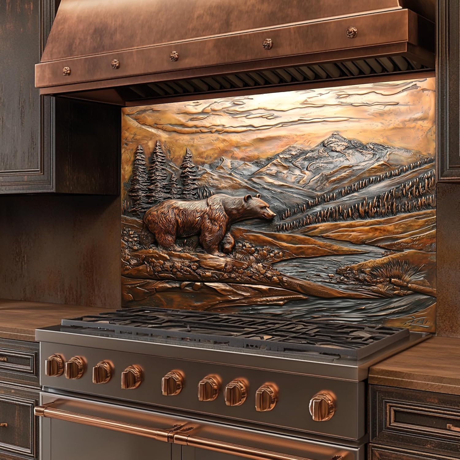 Tempered Glass Backsplash for Kitchen, Grizzly Bear Mountain Landscape Design Glass Backsplash, Copper Look Backsplash for Kitchen Wall, Rustic Kitchen Backsplash, Easy to Install Stove Backsplash