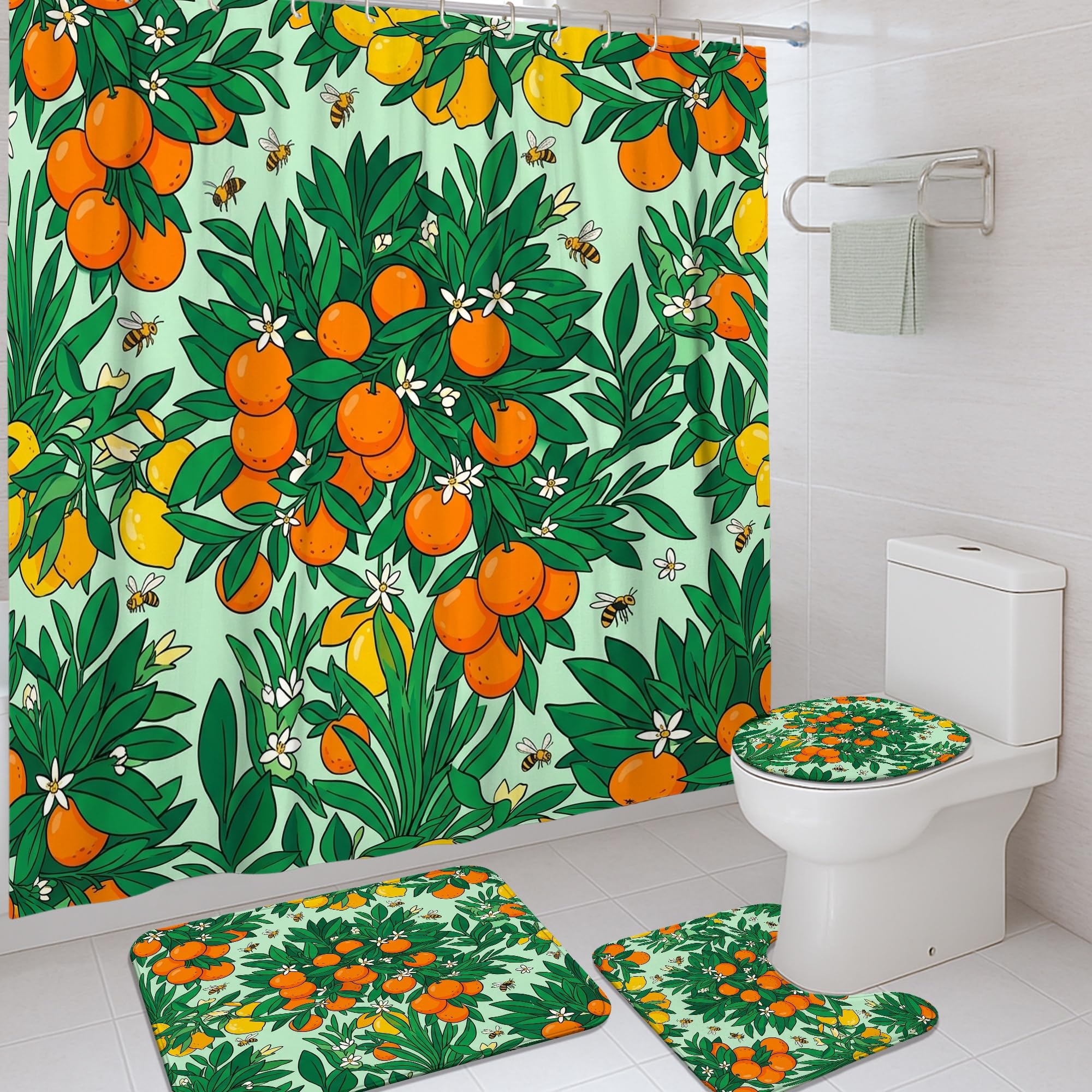 Ensemble rideau de douche orange en toile de qualité et tapis fleurs de citron raffinés