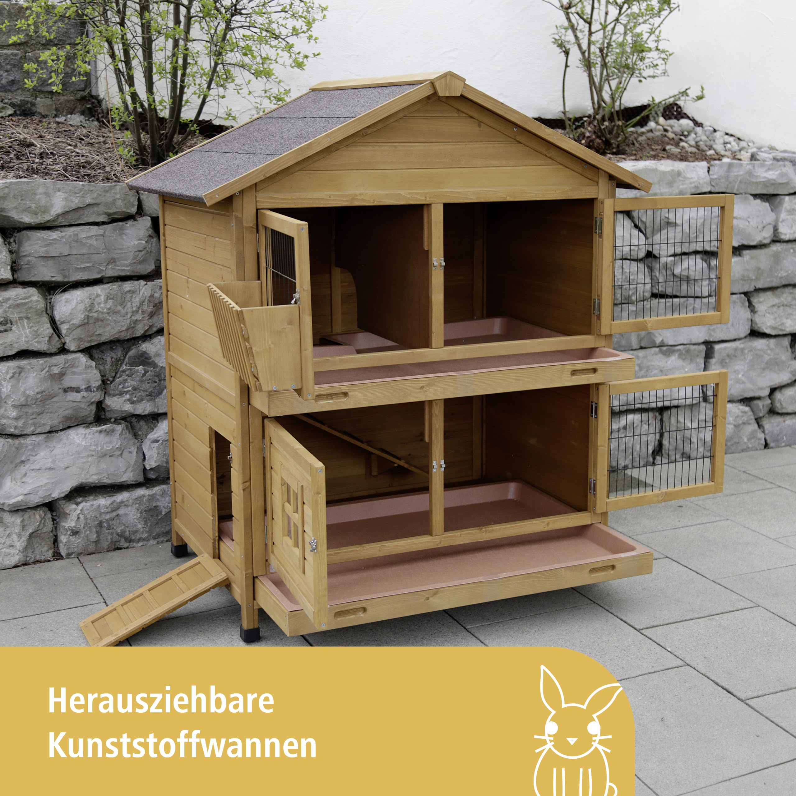 Kerbl Nagerstall Südtirol (für Kleintiere, 4 Fronttüren, Hasenstall mit 2 Ebenen, seitliche Klappe für Freigehege, Stall für Nagetiere) 81725