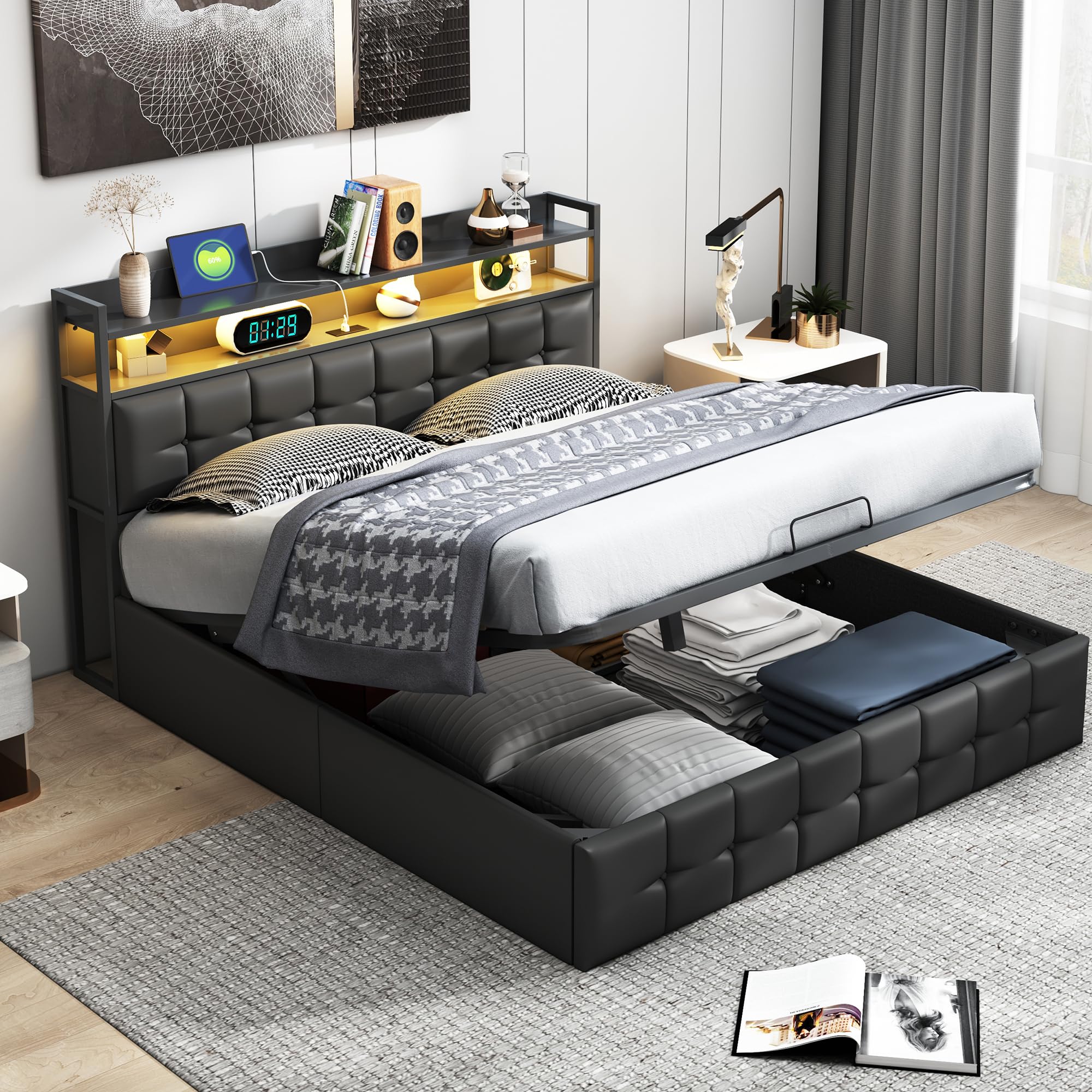 Bett 140 x 200 cm, Bettkasten 140 x 200 cm mit Aufbewahrung, Kopfteil mit USB-Port Typ C, LED, Gaslift, gepolstert, mit Aufbewahrung, Doppelbett mit 
