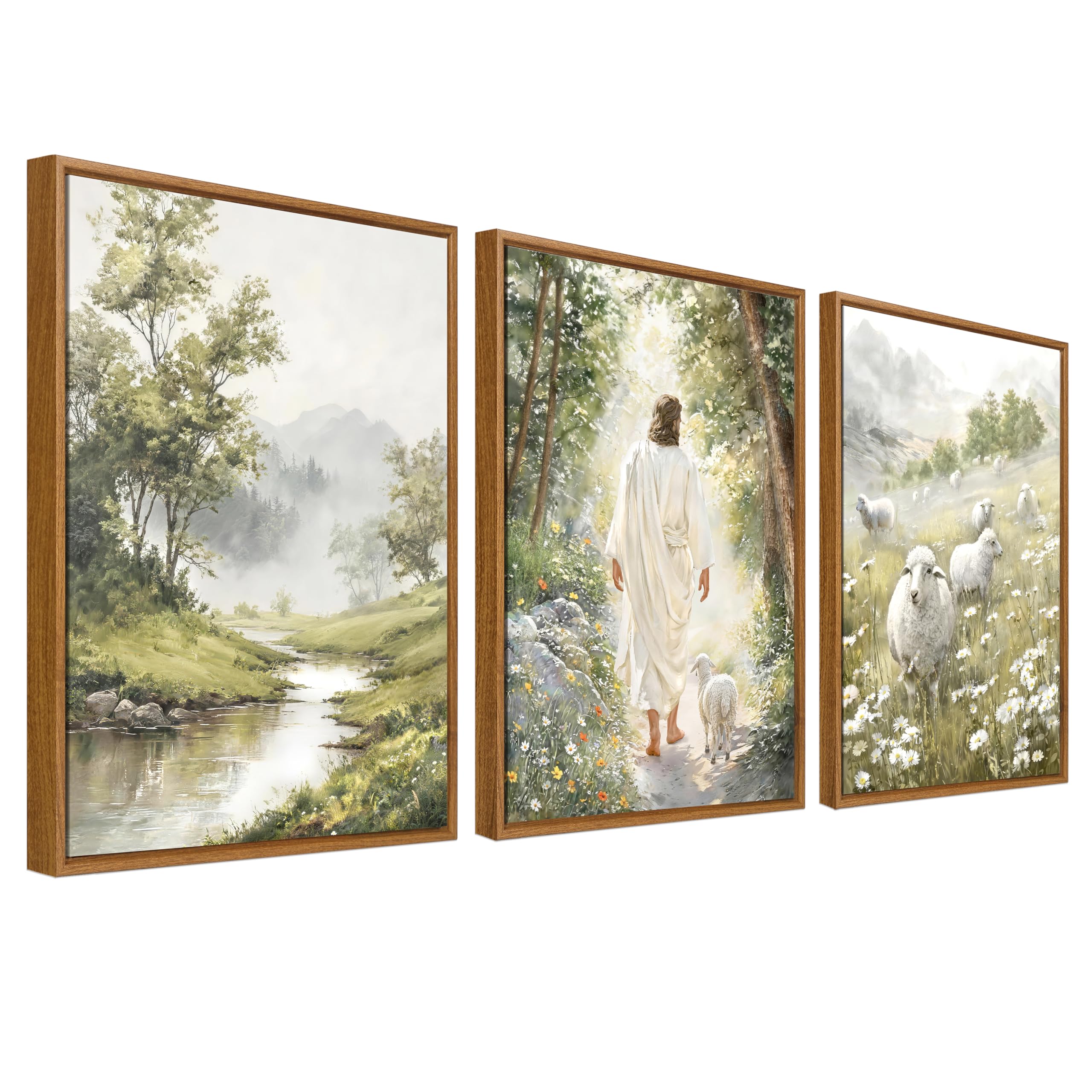 Framed Canvas Wall Art Set of 3 Jesus Lamb Christian Painting Prints for Wall Easter He is Risen Grassland Poster God Religious Bible Pictures for Living Room Church 40x60cm x3pcs (No Acrylic Glass)