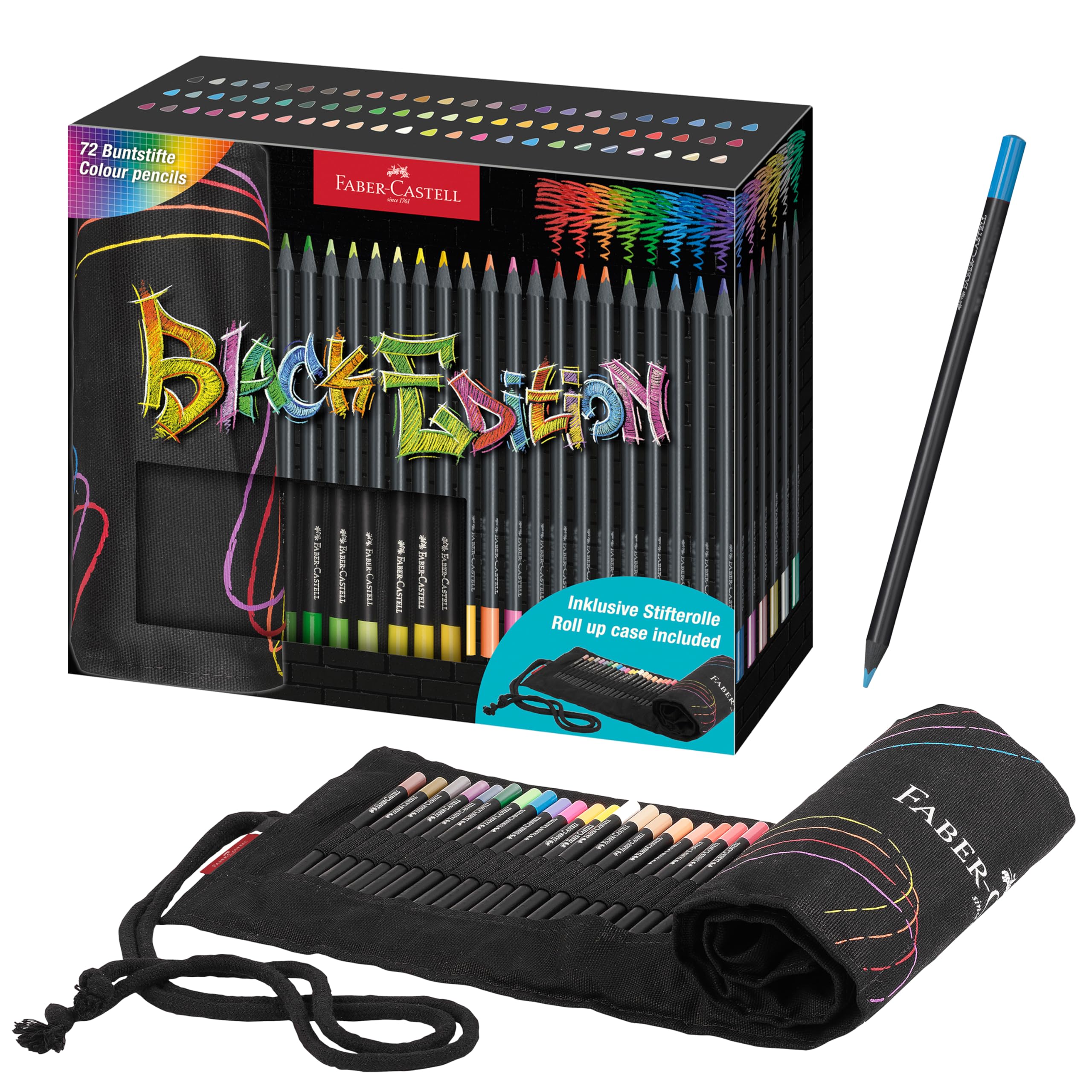 Faber-Castell 116418 - Buntstifte Set mit Stifte Rolle, 72 Black Edition Buntstifte, inkl. Metallic- und Neonfarben