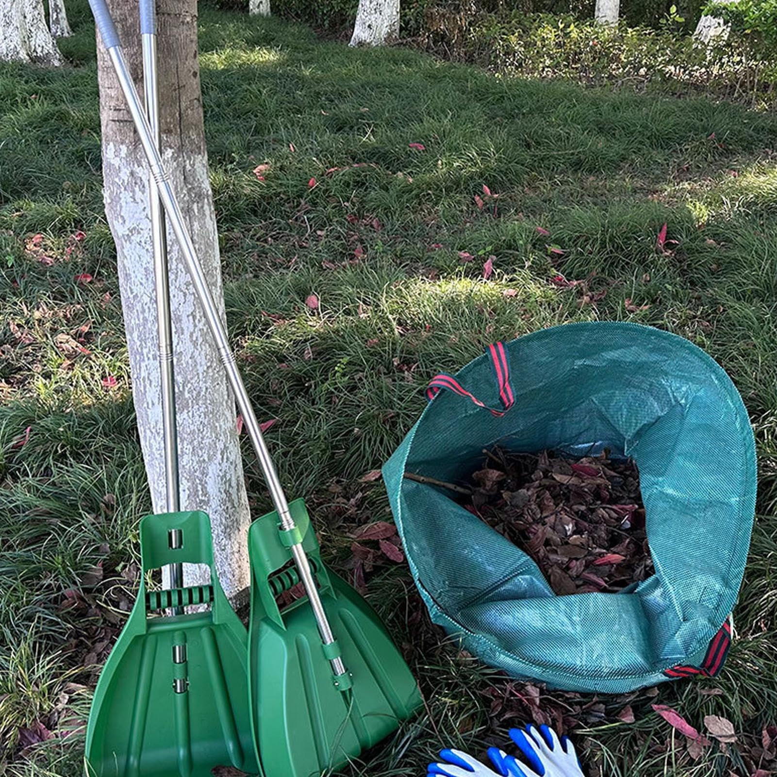 Rastrello a mano per foglie, per foglie – Robusto rastrello con | manico ergonomico | Pale per foglie con borsa da giardino, guanti da lavoro e asta telescopica per una rapida rimozione delle