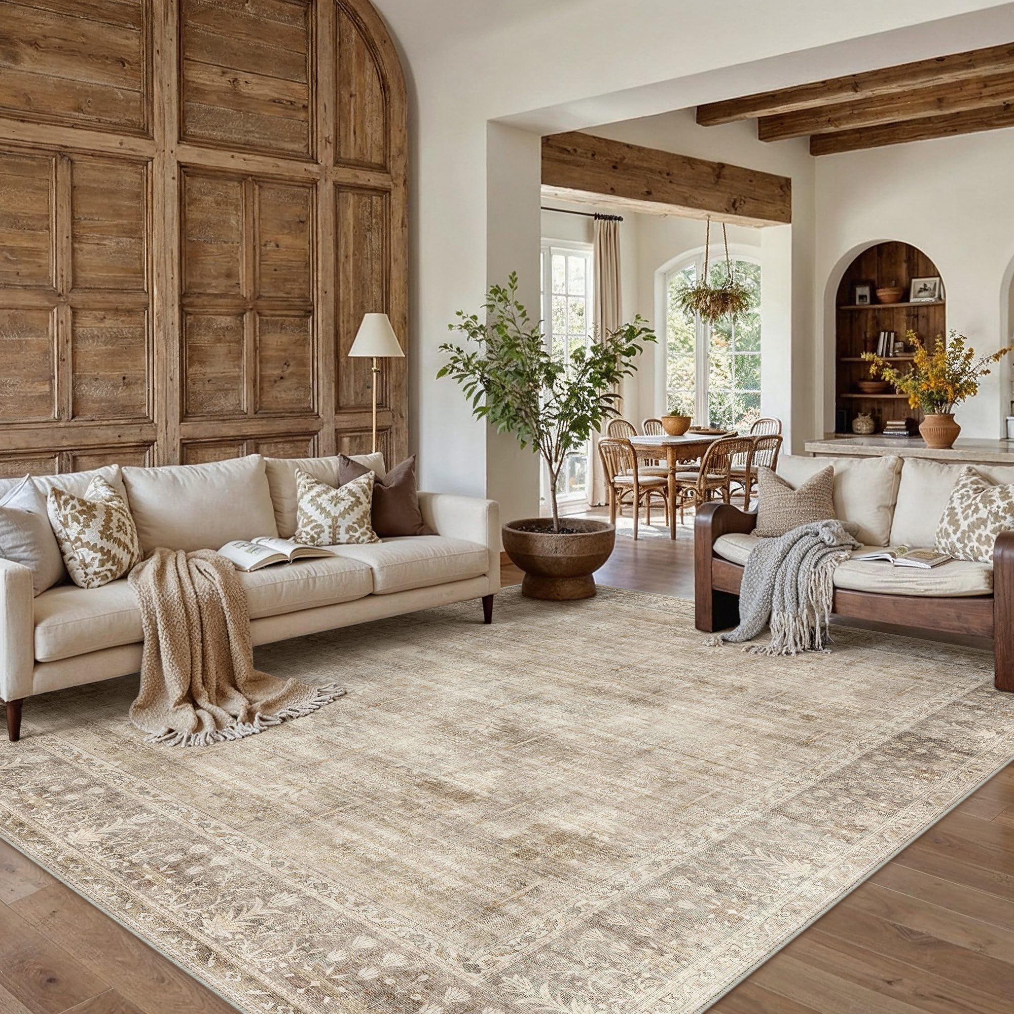 hugear retro 8x10 washable area rugs beige living room bedroom rug vintage distressed large throw carpet neutral stain resistant non slip & shedding low pile for home aesthetic decor