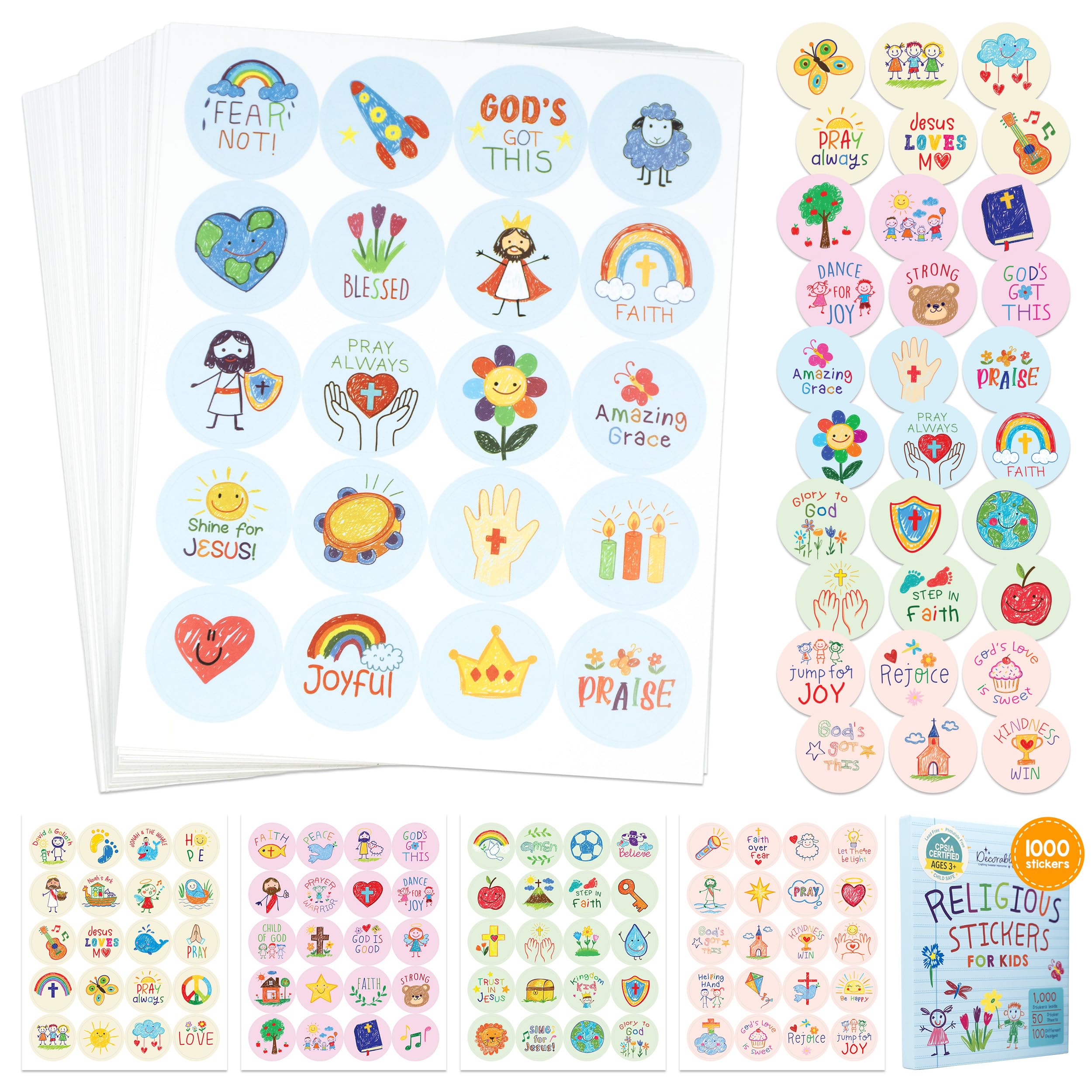 Decorably 1,000 Christian Stickers for Kids Bulk - 50 Sheets with 100 Colorful and Inspirational Designs for Classroom Activities, Positive