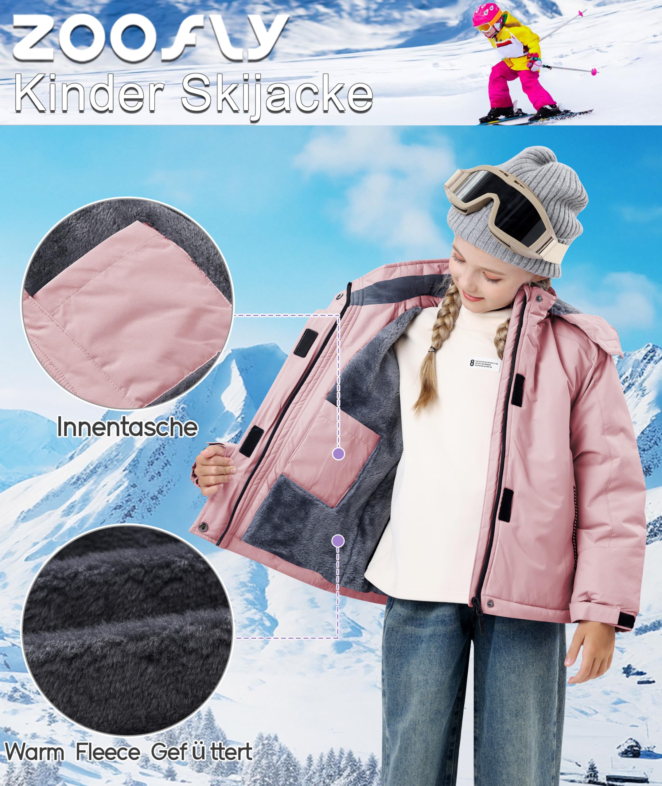 Zoofly Winterjacke Kinder Warm Gefütterte Wasserdicht Skijacke mit Abnehmbar Kapuze