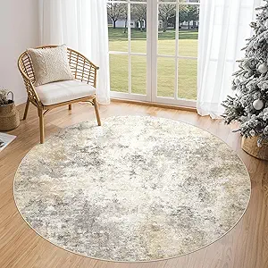 5ft Round Area Rug Living Room Rugs - 5x5 Washable Neutral Modern Abstract Soft Thin Rug Indoor Floor No Slip Rug Carpet for Bedroom Under Dining Table Home Office Decor - Golden Grey