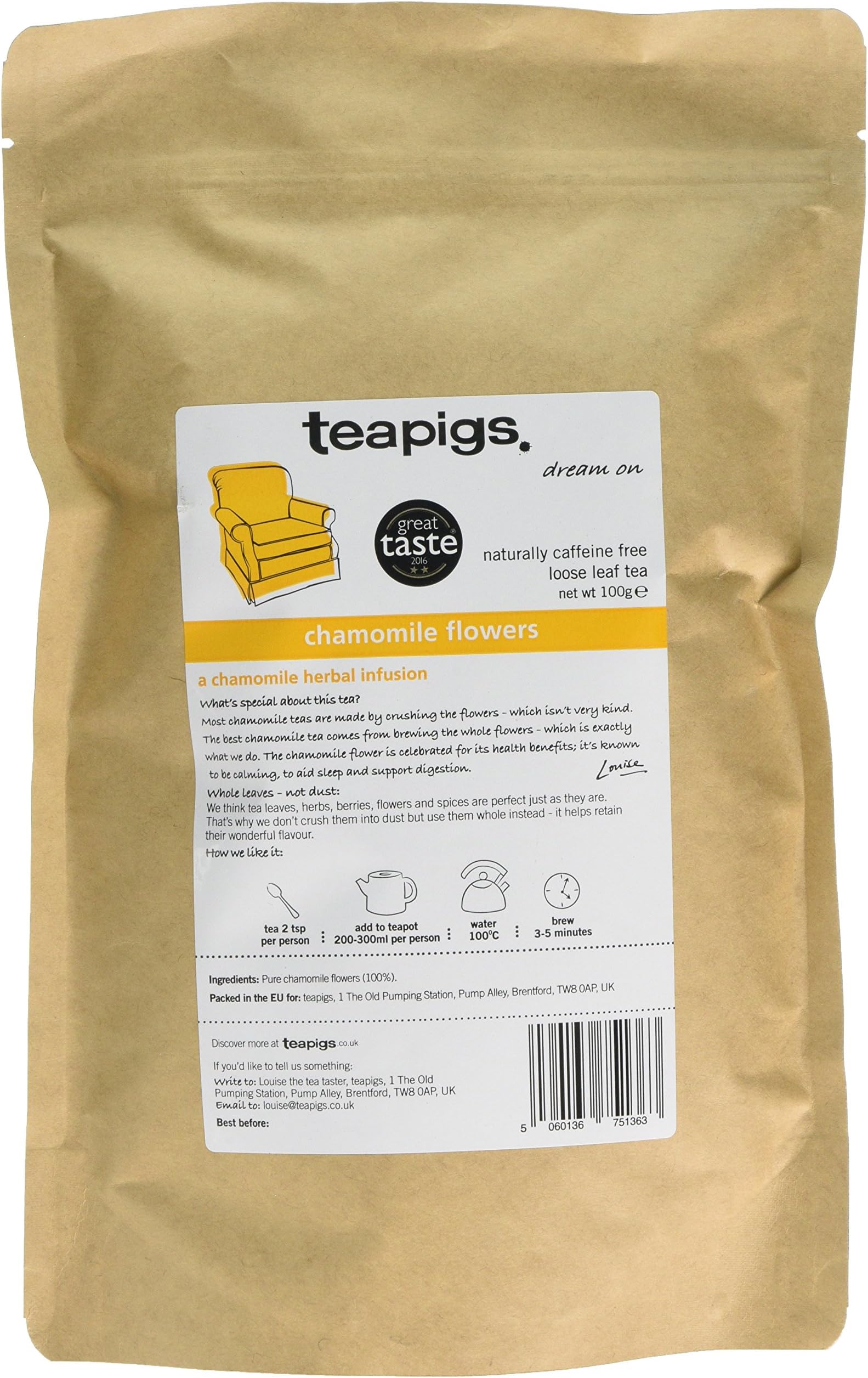 teapigs Chamomile Loose Leaf Tea - 65 Caffeine-Free Servings for Sleep & Relaxation - Award-Winning Digestive Support Tea - 100g Pack (1 Pack)