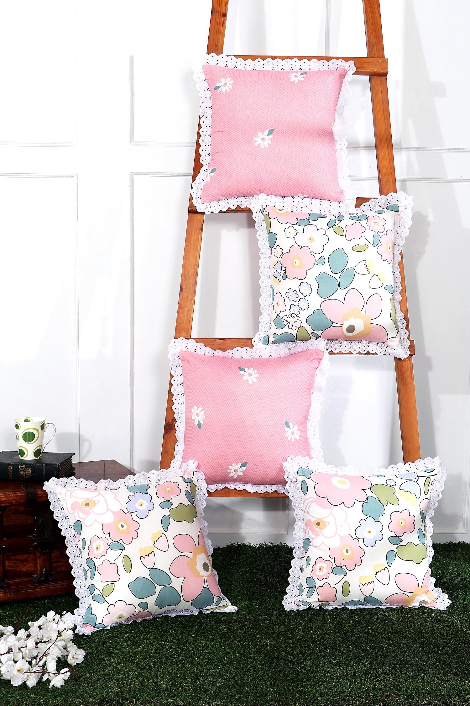 RD TREND® Cushion Covers 16x16 Inches Set of 5 | White Lace Border Decorative Cushion Cases | 310 TC Cotton Floral Printed Throw Pillow Covers for Sofa, Bed & Living Room-Pink Floral-image-20