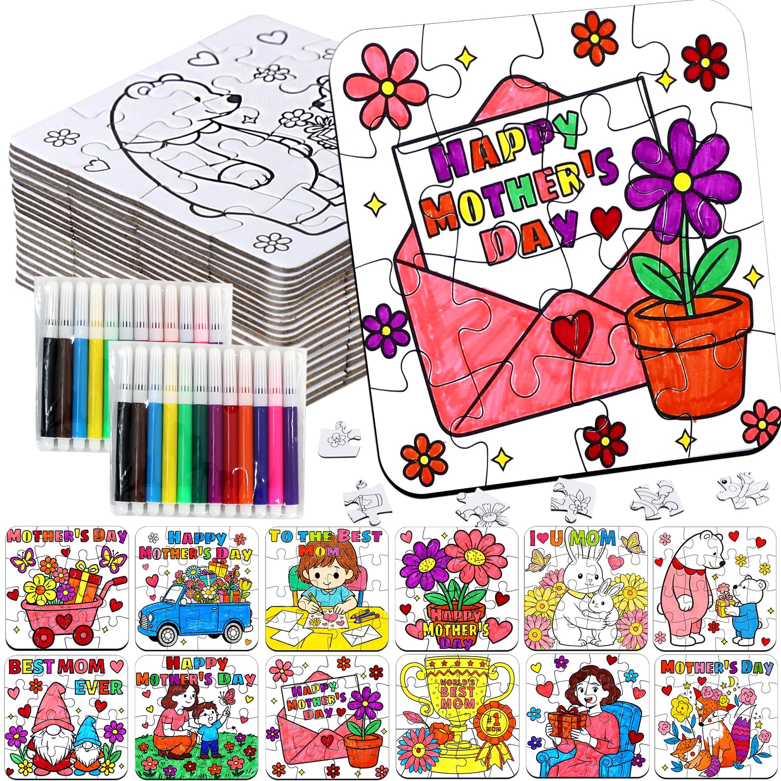 24 Set Mothers Day Crafts for Kids Classroom Bulk, Mother's Day Arts and Crafts DIY Paper Jigsaw Puzzle with Flower Bear Heart, Spring Activities Painting Kits for School Gifts Party Favors & Goodies Mother's Day Colorful