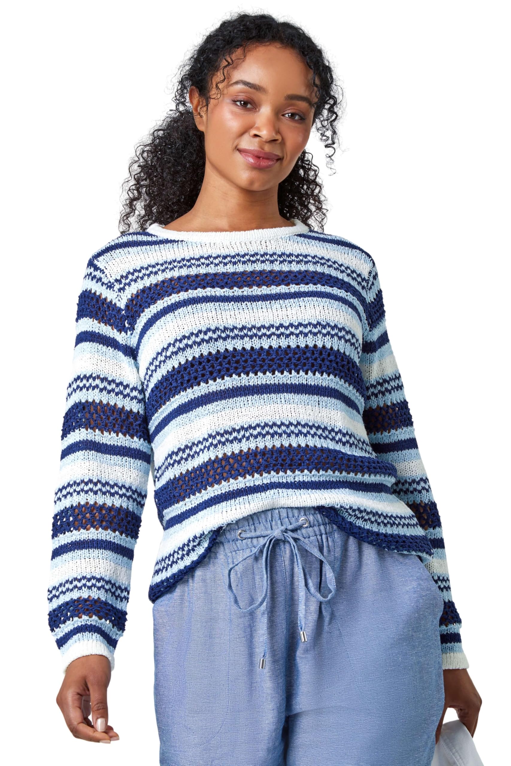 Roman Originals Women's Navy Roman Petite Stripe Print Stretch Knit Jumper For Uk - Spring Everyday Summer Break Round Neckline Comfy Long Sleeve Soft Lightweight Top Vacation Sweaters - Size 14 Petite
