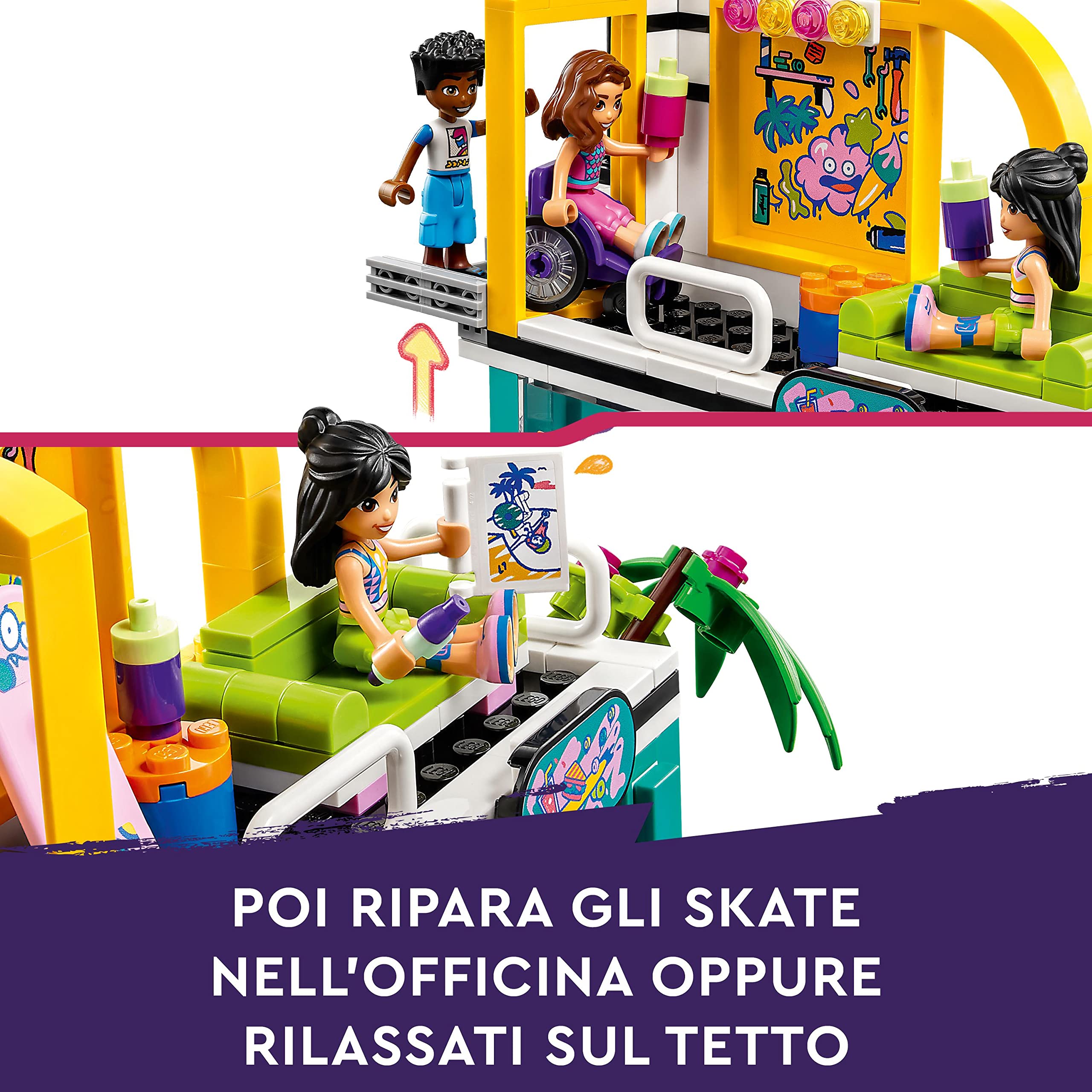 LEGO Friends Skate Park, Set con Rampa da Skateboard, Giochi per Bambine e Bambini dai 6 Anni con Personaggi 2023, Monopattino e Sedia a Rotelle 41751
