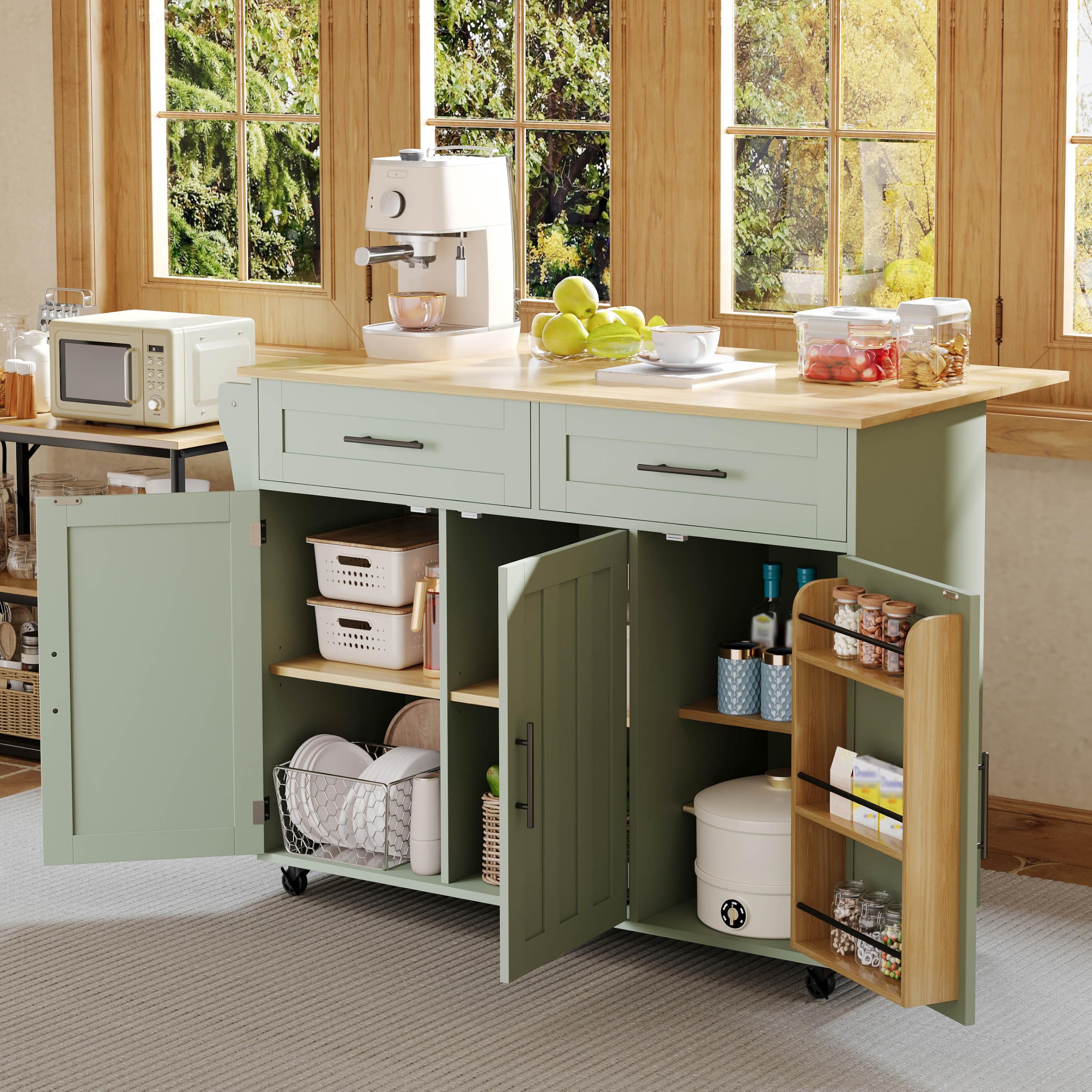 Isola da cucina autoportante con piano di lavoro pieghevole, mobile da cucina su 5 ruote, con ripiano e 2 cassetti, per cucina e sala da pranzo, 129 x 46 (71) x 91,5 cm