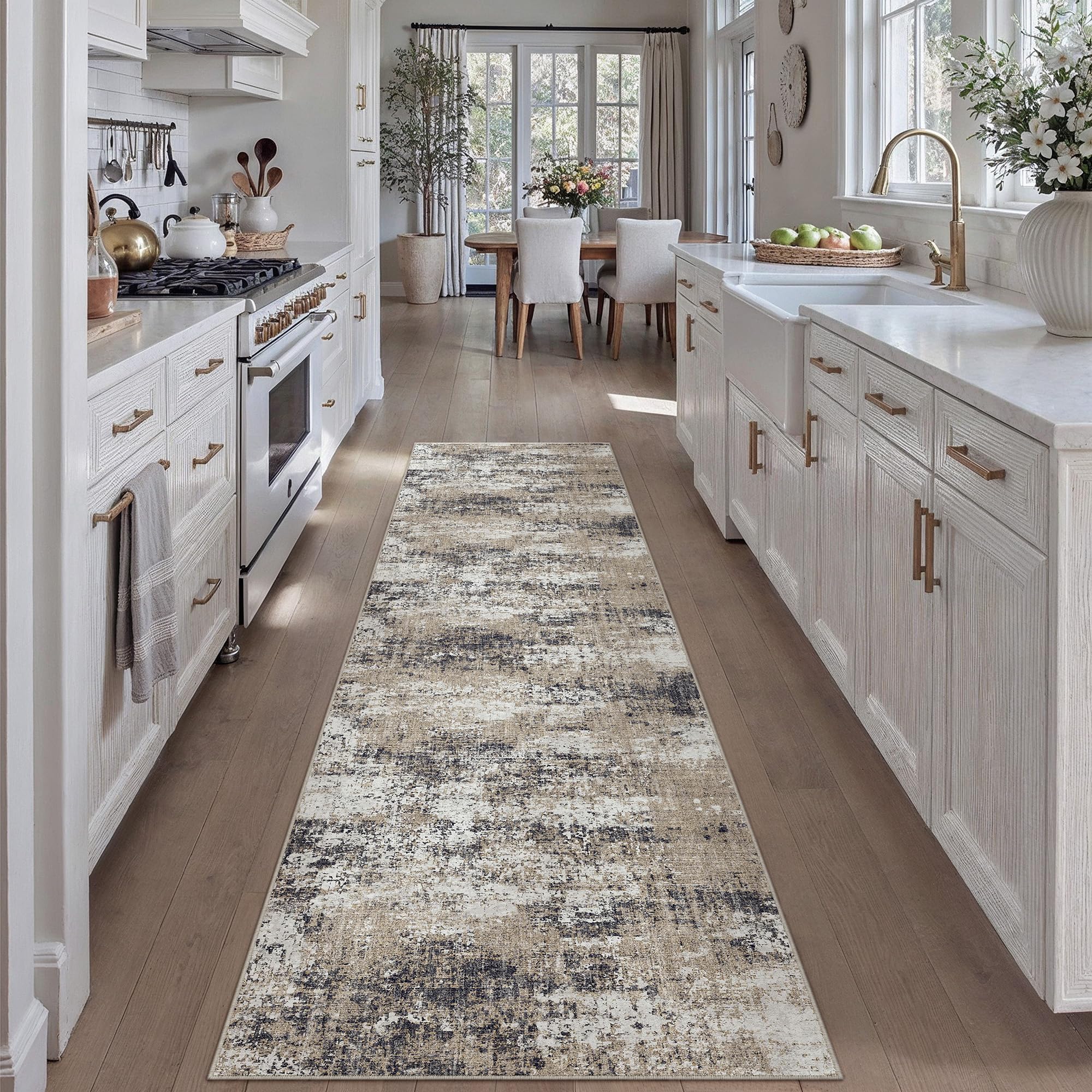 PureCozy Modern Abstract Taupe Runner Rug 2x8 Hallway Area Rug Kitchen Brown Indoor Machine Washable Accent Rug Low Pile Carpet Distressed Throw Rug Bedroom Office Living Room Laundry Room Non Slip