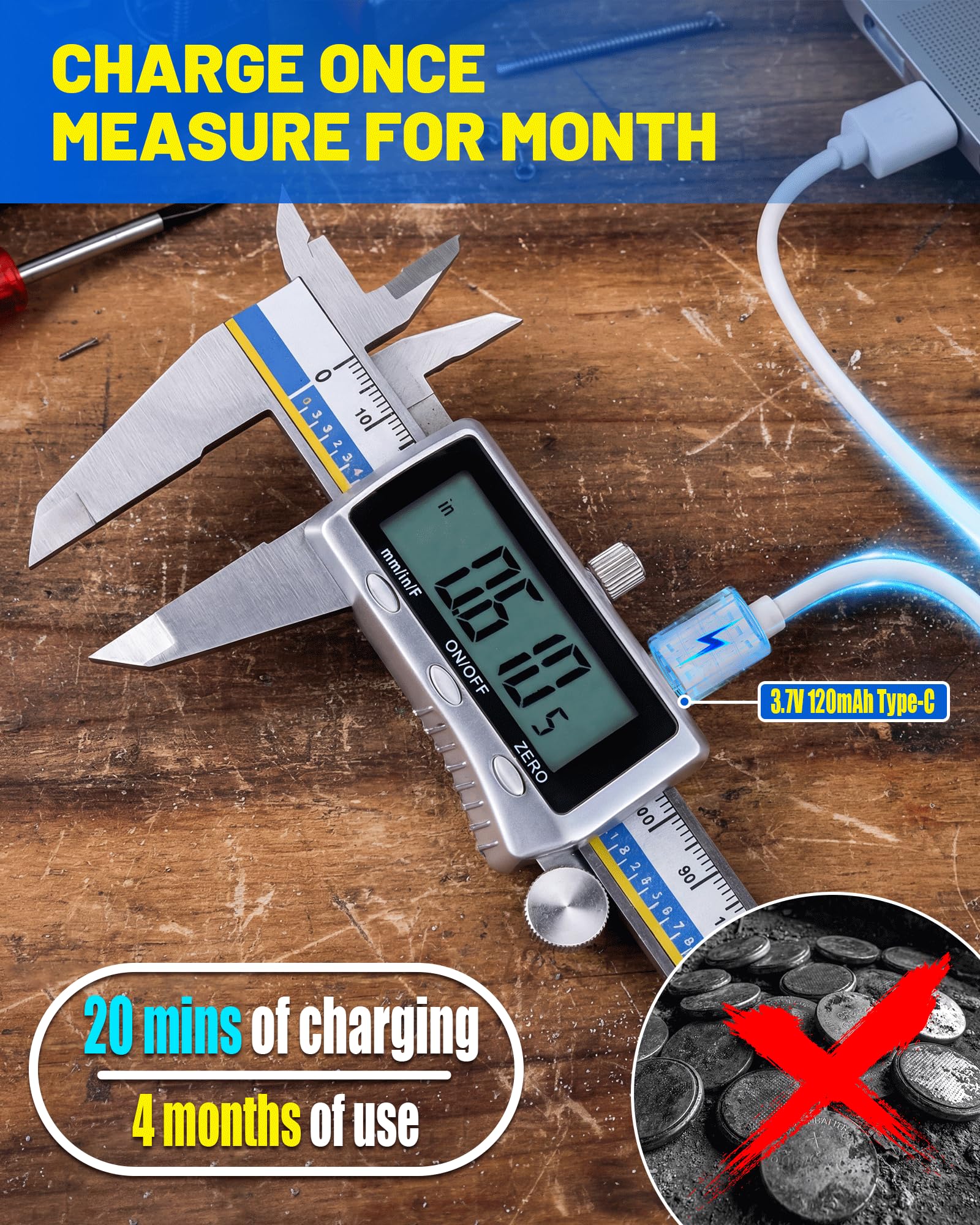 Digital Caliper - 6" Stainless Steel with USB-C Charging -2