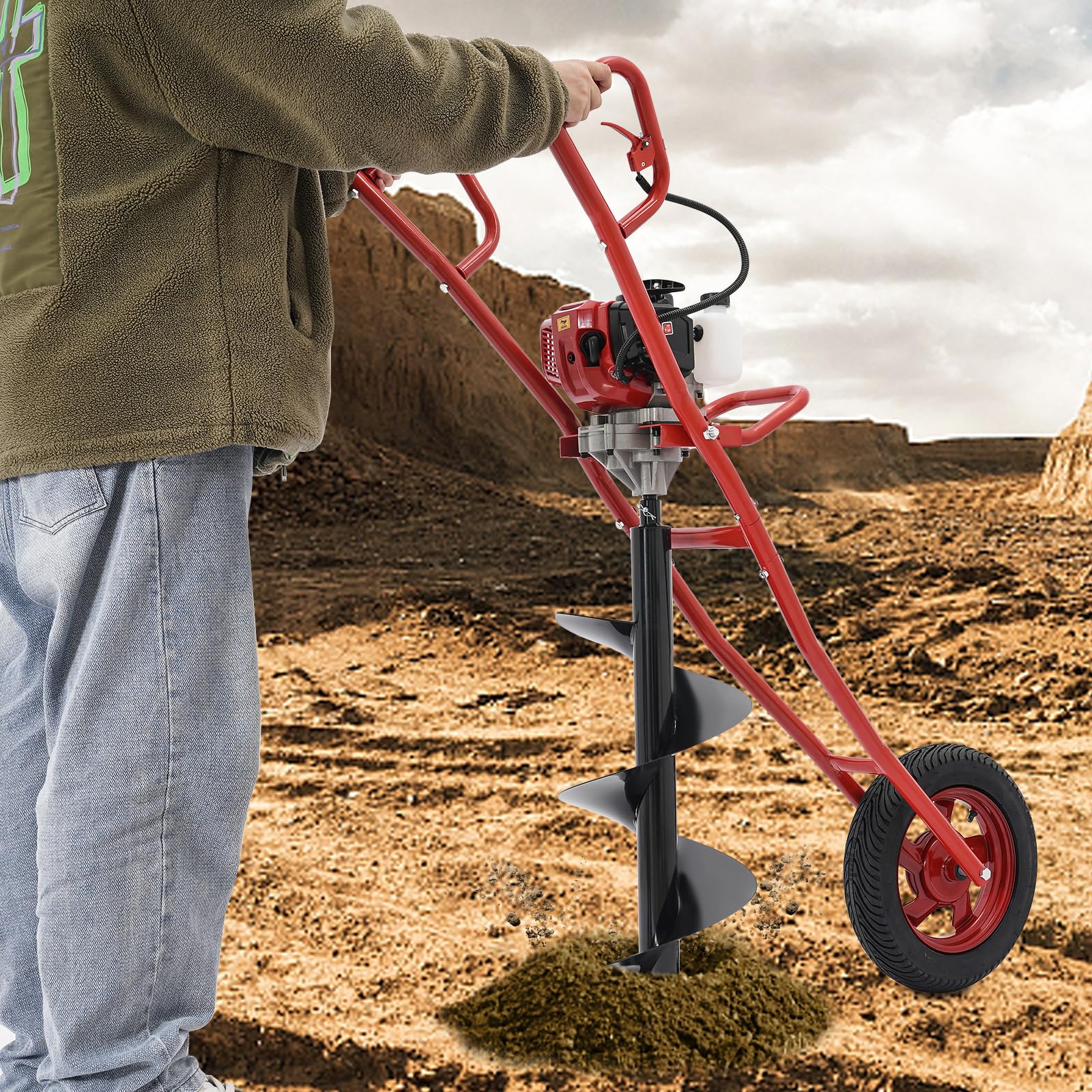 52CC - Trapano a colonna a due tempi, 1,46 kW, trapano da giardino con carrello manuale, trapano a benzina a due tempi, adatto per lavori di perforazione in giardino e di perforazione
